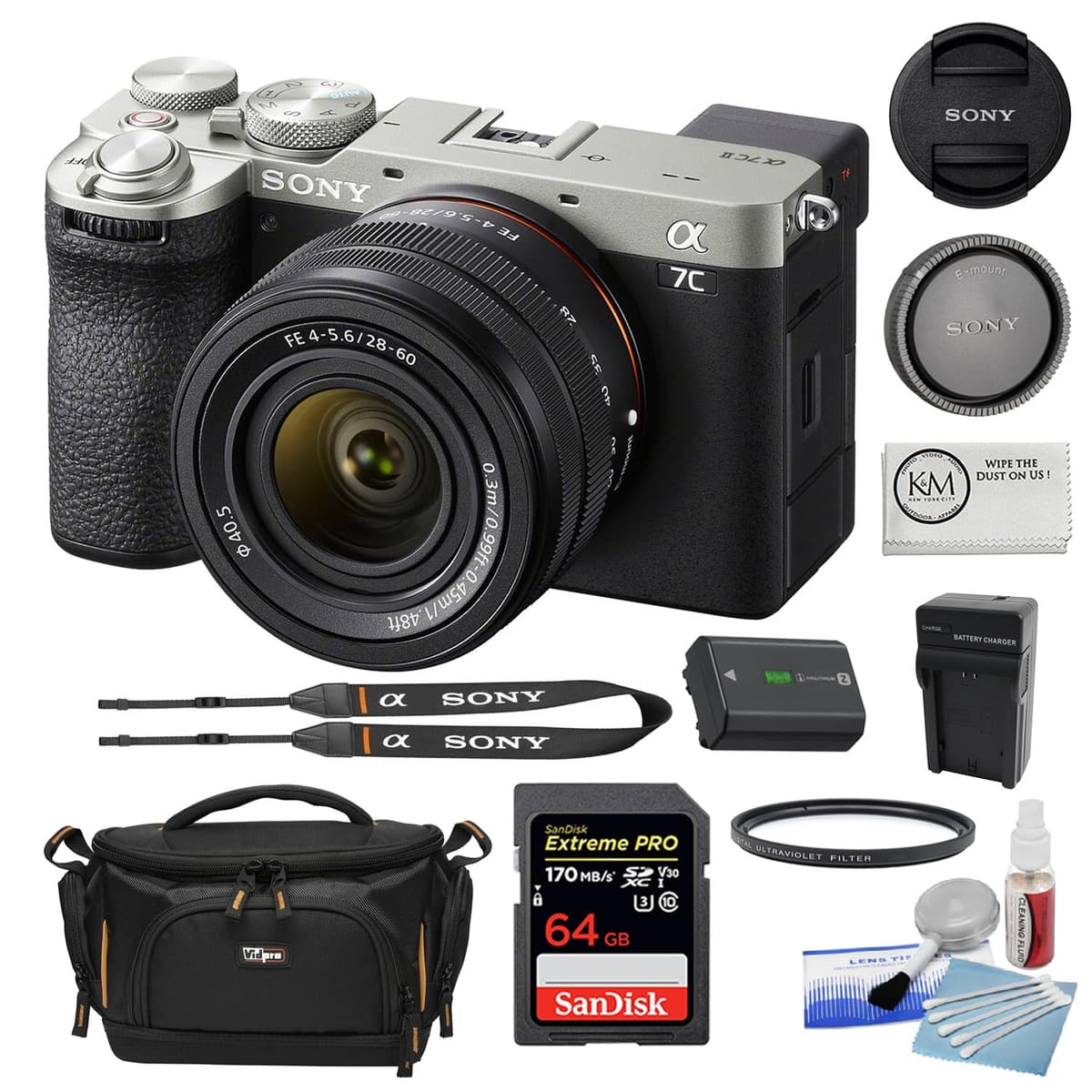 Sony a7C II Mirrorless con 28-60mm (Plateado) - Bundle 7 piezas con 64GB, UV 40.5mm, kit limpieza y estuche BSONILCE7CM2LS-002