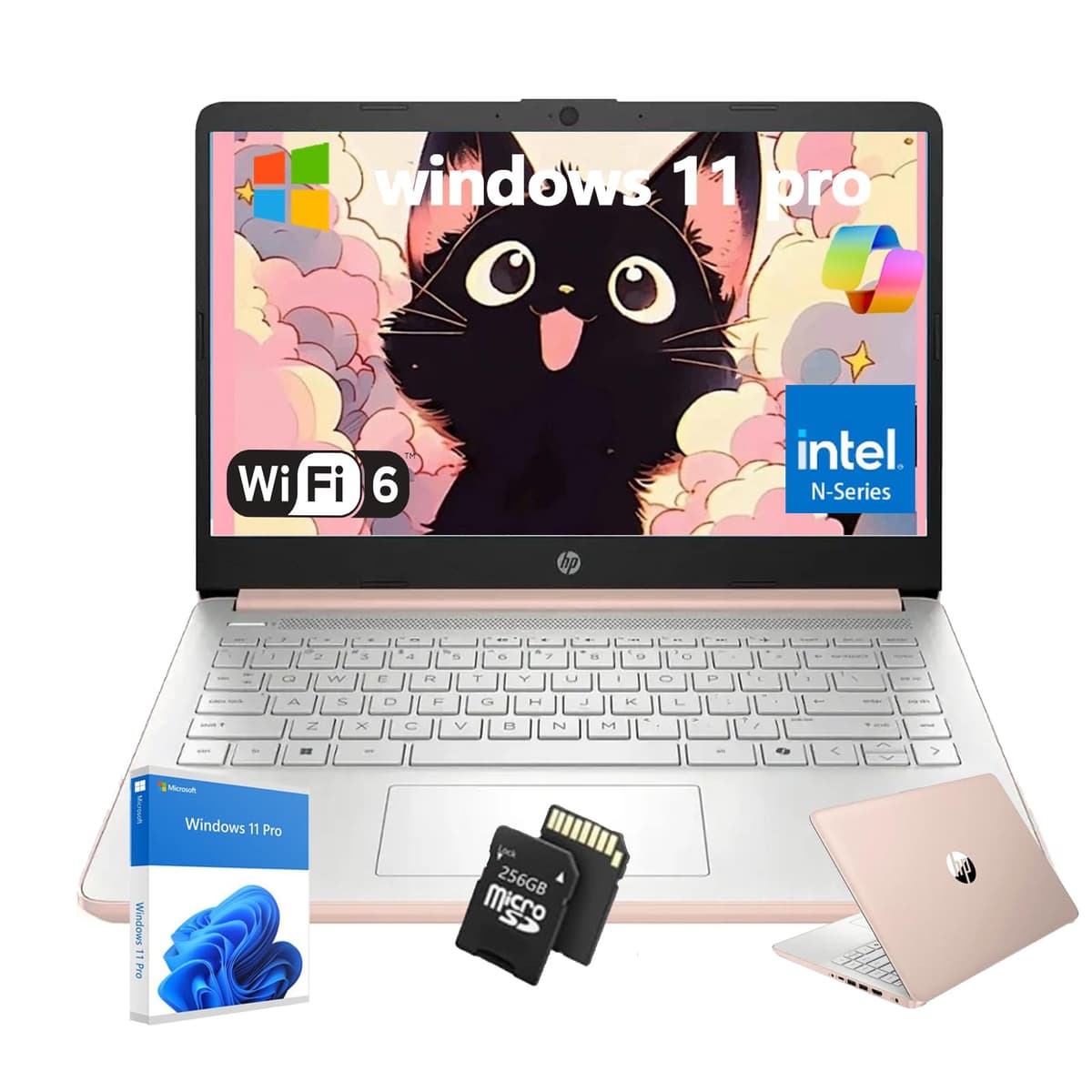 Laptop para Estudiantes HP - Procesador Intel N150, Pantalla HD de 14", Ligera, Windows 11 Pro, Webcam, 16 GB RAM, 384 GB Almacenamiento (128 GB UFS + 256 GB MSD), con Accesorios, Dorado Rosa