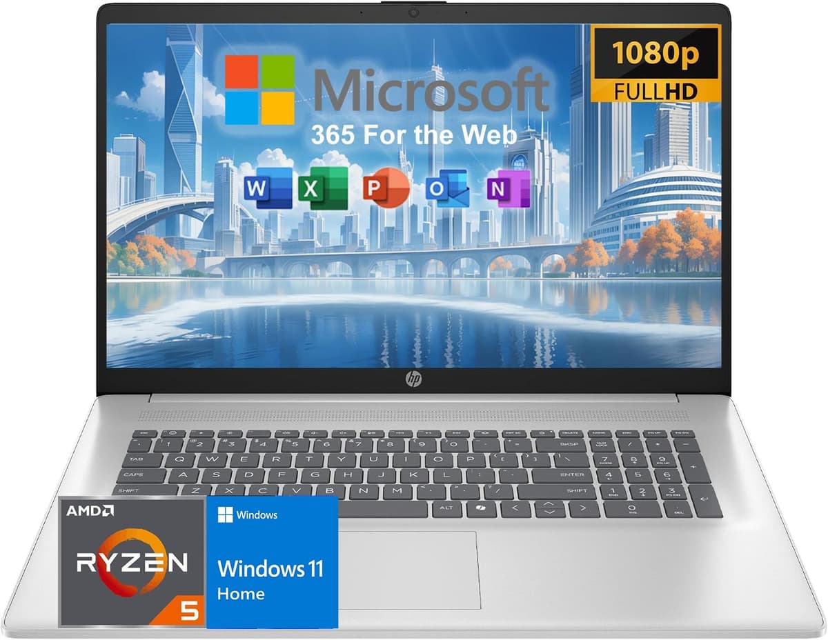 HP Laptop con Office 365 para la Web de por vida, pantalla Full HD de 17.3", 16 GB RAM, SSD de 1 TB, procesador AMD Ryzen 5 de 6 núcleos (mejora al i7-1355U), HDMI, USB-C, Windows 11 Home, para hogar y trabajo, sin mouse cp3005