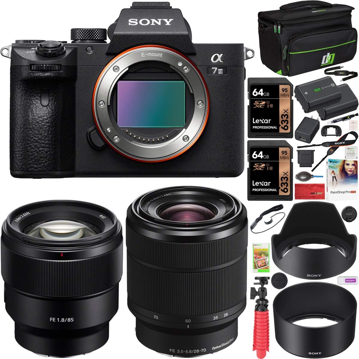 Sony a7III Full Frame Mirrorless Camera ILCE-7M3K/B con 2 lentes SEL2870 FE 28-70mm F3.5-5.6 OSS y SEL85F18 FE 85mm F1.8 Set + funda Deco Gear 2 x tarjetas de memoria 64GB batería extra kit Deluxe Bundle E10SNILCE7M3KB