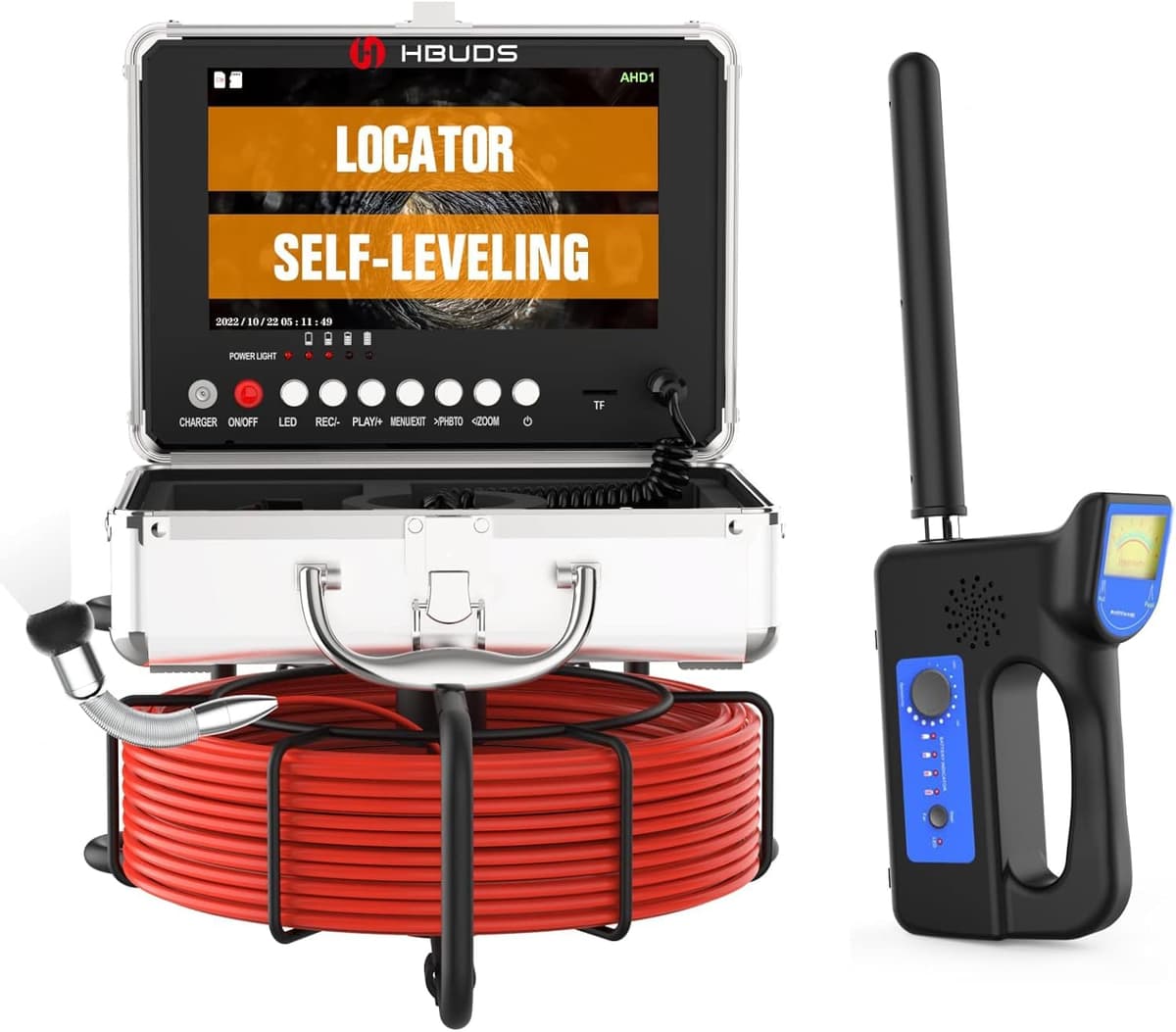 HBUDS cámara de inspección de cañerías con localizador 165 ft, autonivelante, pantalla 9" 1080P, IP68, DVR 16GB SY958