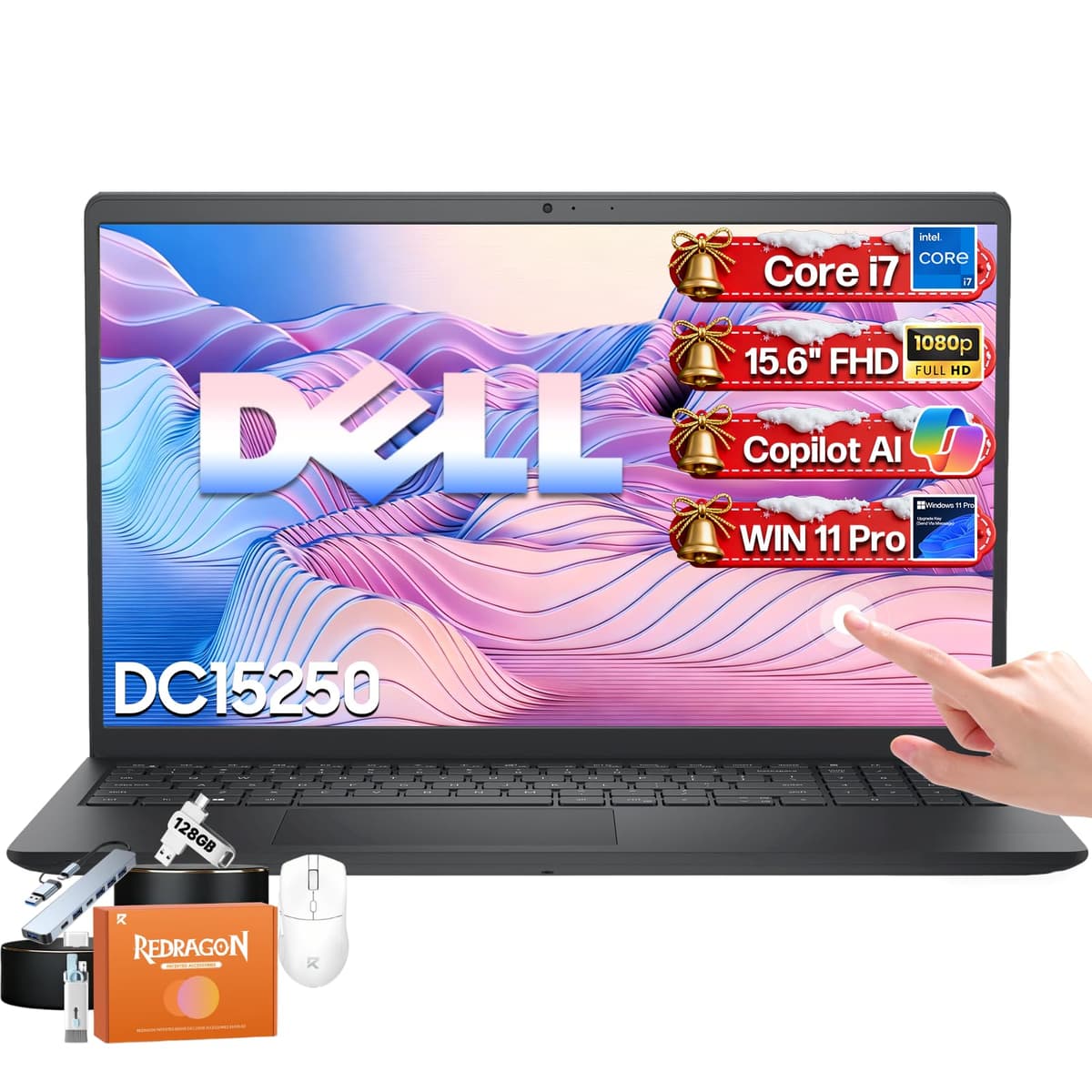 Dell Laptop 15 DC15250 con pantalla táctil, Intel i7-1355U de 10 núcleos (hasta 5.0 GHz), Intel UHD Graphics, pantalla táctil FHD antirreflejo de 15.6", 32 GB RAM, SSD de 1 TB, Copilot-AI, Windows 11 Pro, mouse REDRAGON Dell 15 Laptop