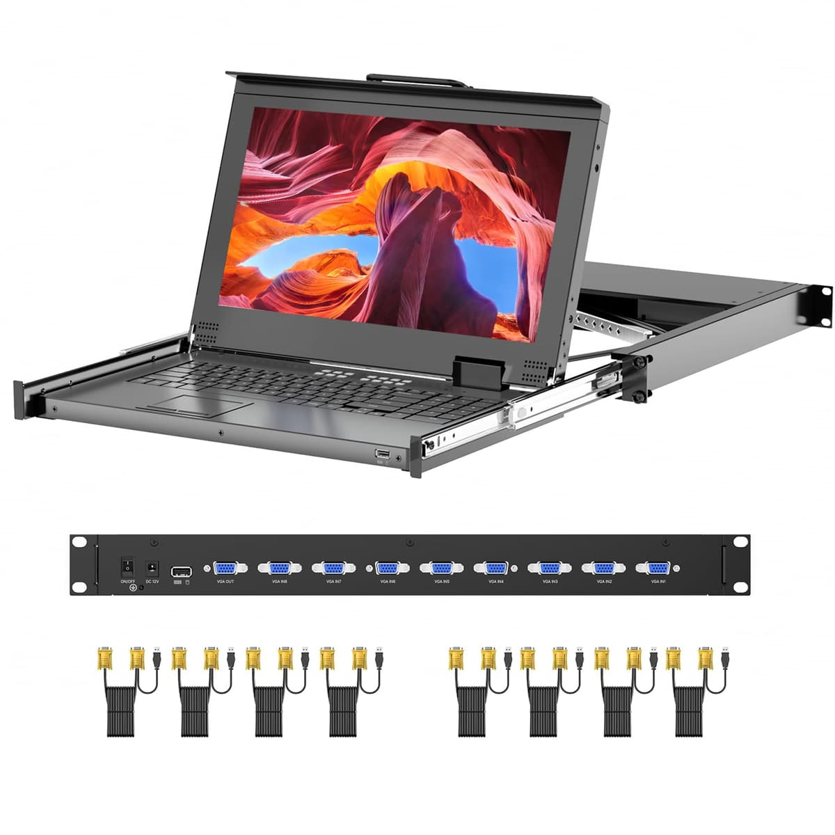 Arvitek Consola KVM de 1U con monitor 15.6" FHD, 8 puertos VGA y touchpad integrado AT-1568UL