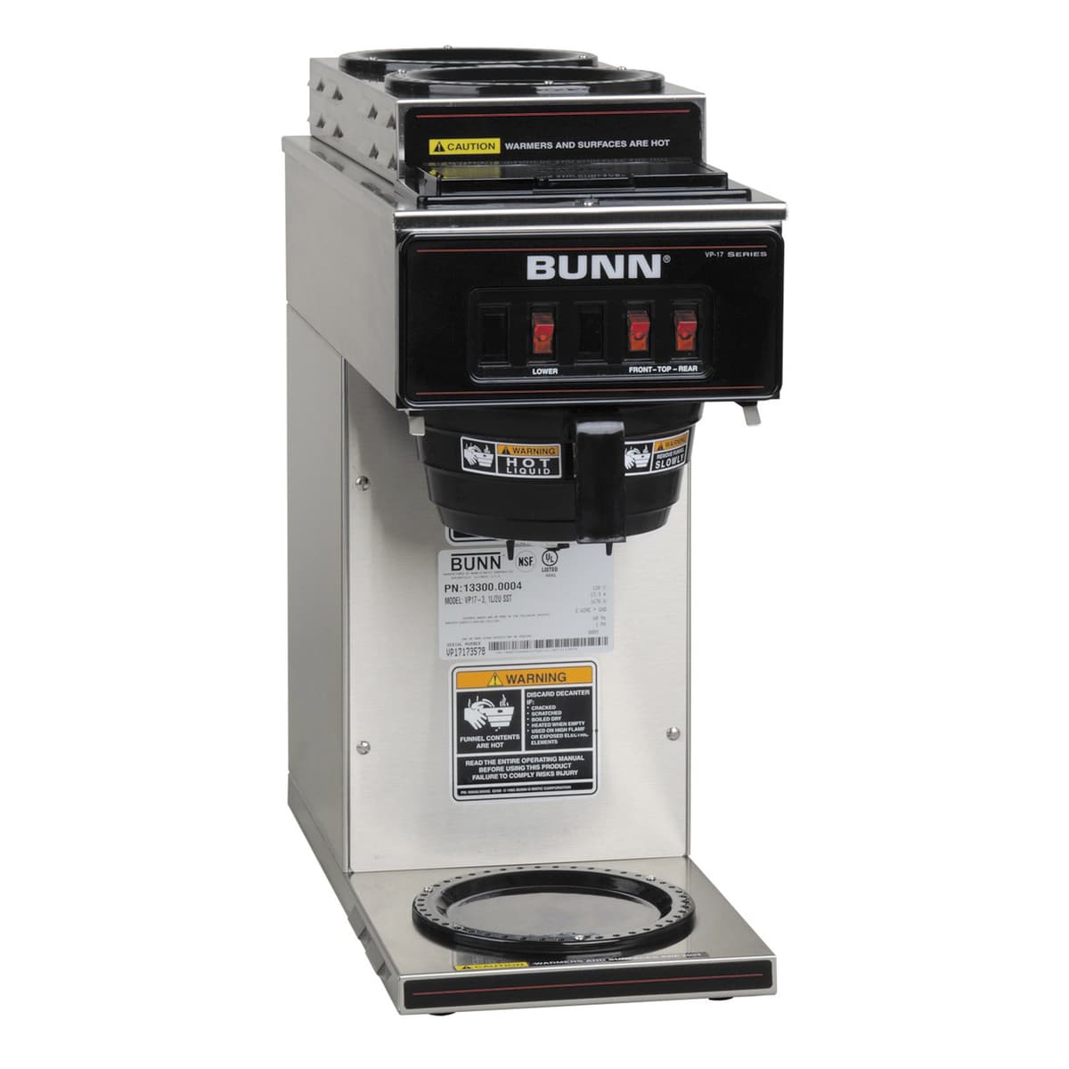 Cafetera pourover comercial Bunn VP17-3 (13300.0004) con 1 calentador inferior y 2 superiores, acero inoxidable