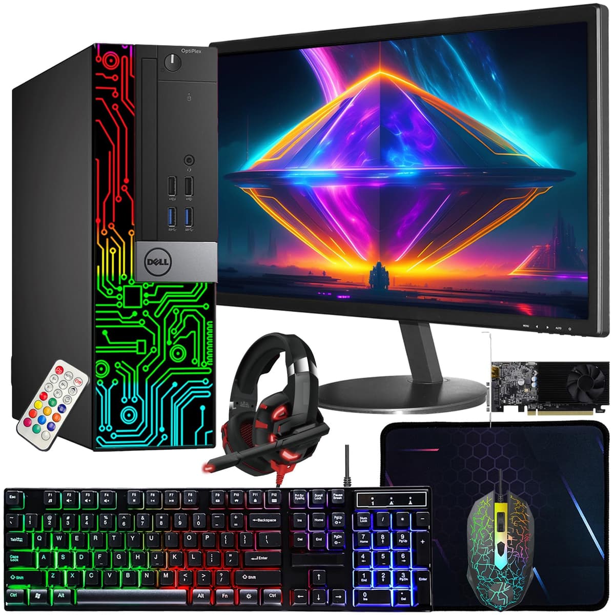 Dell OptiPlex 5060 SFF RGB Computadora PC, Intel Core i5-8500, GeForce GT 1030 2GB GDDR5, 32GB RAM, 512GB NVMe, 1TB HDD, Monitor 22 pulgadas HDMI, Auriculares para juegos, WiFi, Bluetooth, Windows 11 Pro (Reacondicionado)