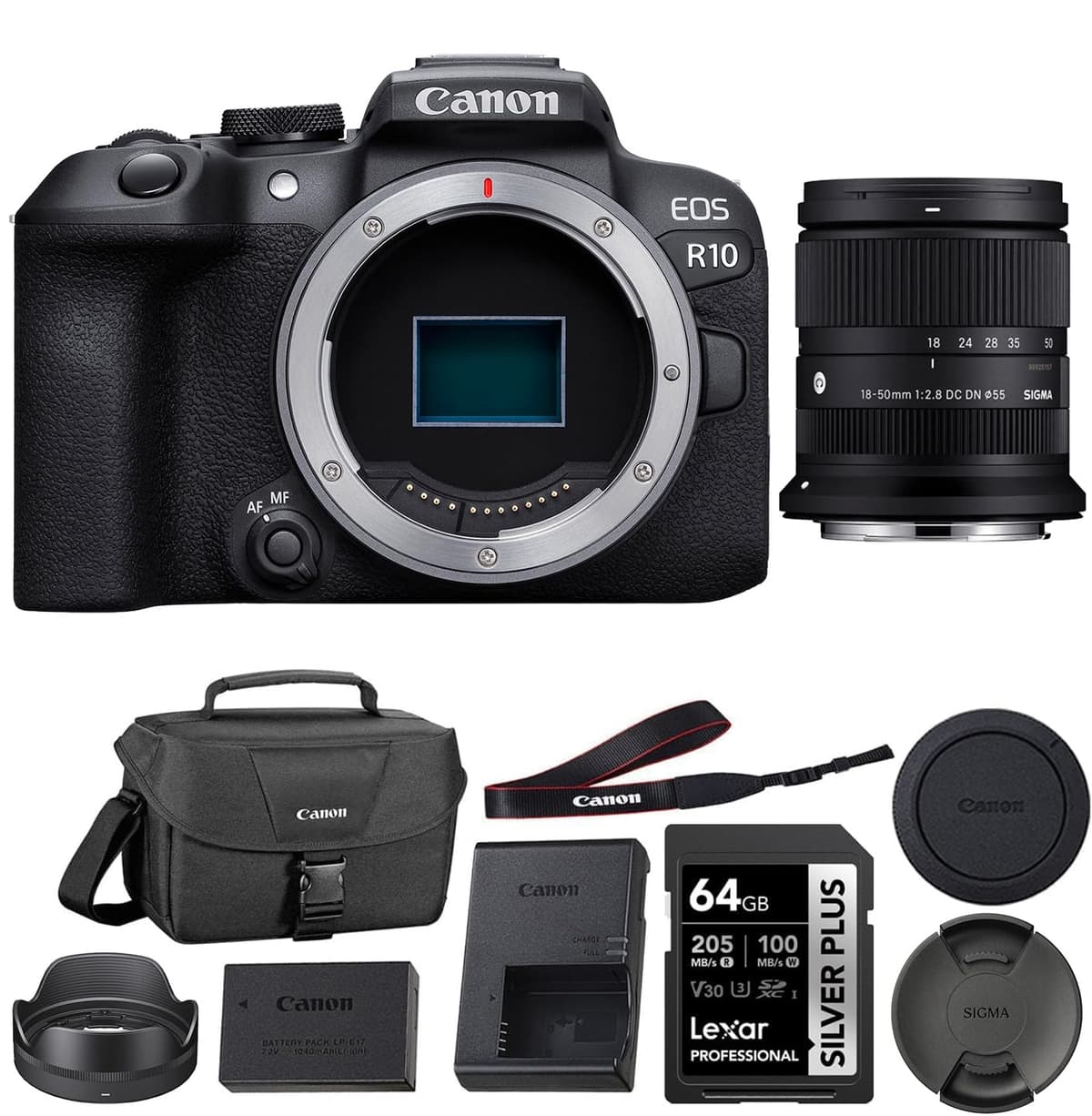 Canon EOS R10 Mirrorless Camera Body Bundle con Sigma 18-50mm f/2.8, 64GB y Bolsa Canon 200ES (4 piezas) CAN5331C002-103