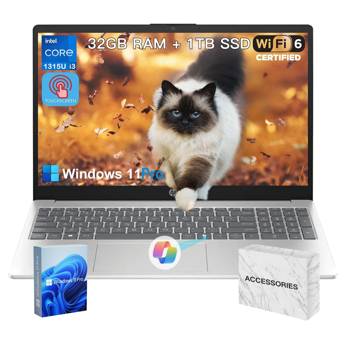 HP 2025 Laptop táctil de 15.6" - con Office de por vida y Win 11 Pro y unidad DVD externa, Intel i3 1315U (hasta 4.5GHz), Wi-Fi 6, Copilot AI, pantalla táctil HD, larga duración de batería, 32GB RAM, 1TB SSD