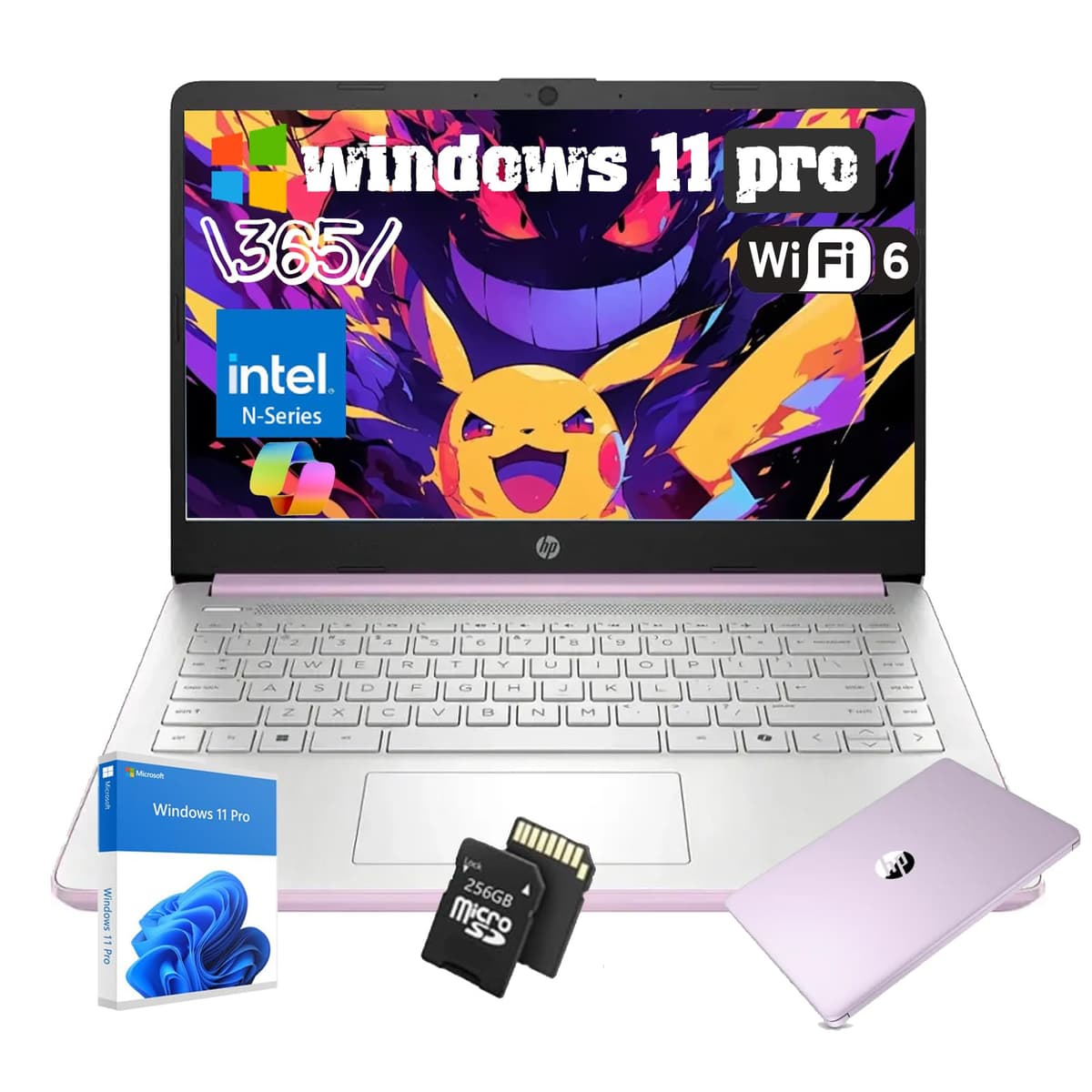 Portátil HP para Estudiantes y Negocios - Procesador Intel N150, Pantalla HD de 14 pulgadas, Ligero, Windows 11 Pro, Cámara Web, 16 GB de RAM, 384 GB de almacenamiento (128 GB UFS + 256 GB MSD), con accesorios, Honey Lavender