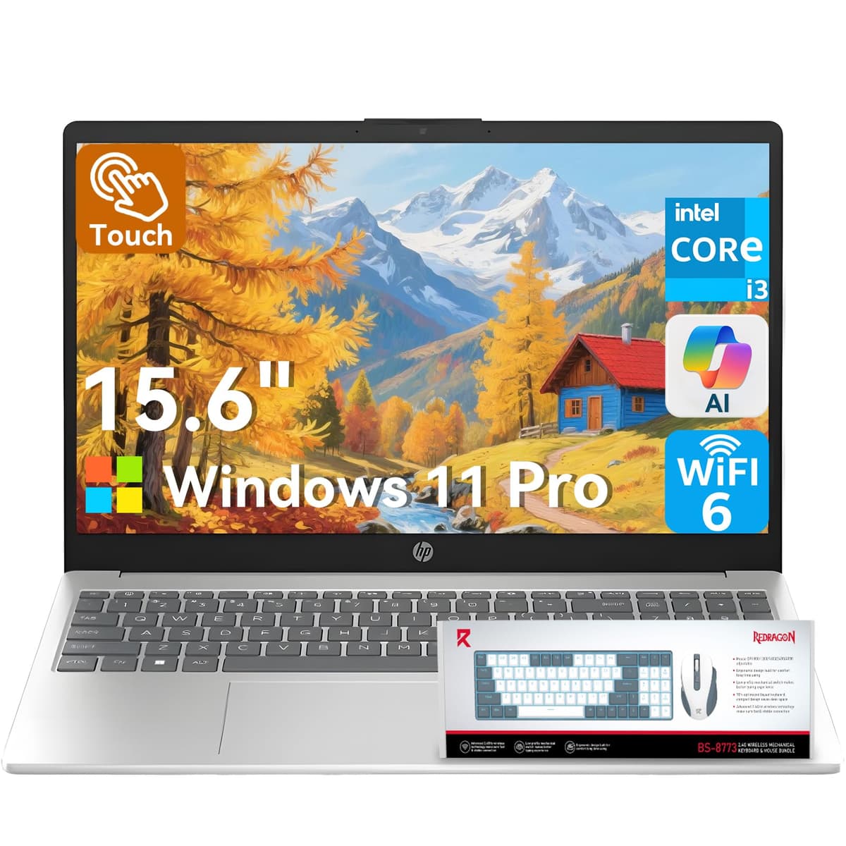 HP laptop táctil de 15.6" para trabajo y estudio 2025, Intel Core i3-1315U (mejor que i5-1135G7), Copilot AI, Wi-Fi 6, Bluetooth 5.3, Windows 11 Pro con kit de teclado de marca (16 GB RAM y 1 TB SSD)