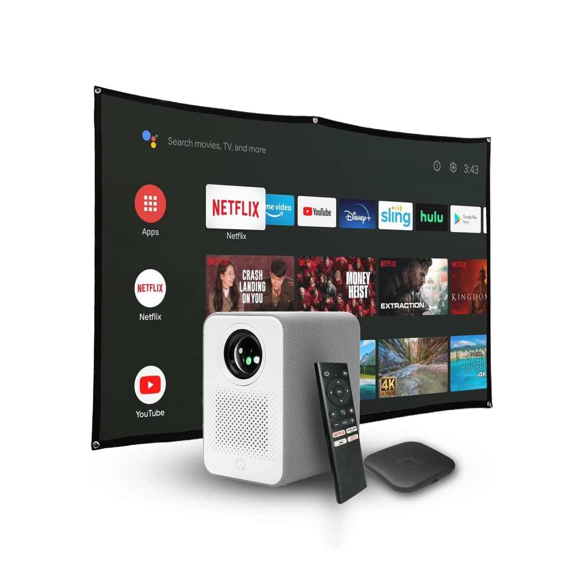Proyector HP nativo HD 1080p, enfoque motorizado, smart TV, amigable con los ojos, HDMI, regalos tecnológicos, HP CC500 3 en 1, corrección trapezoidal, proyector con pantalla, stick 4K para TV 9301K2S