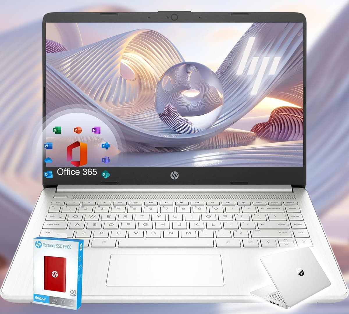 HP 14 Ultrabook • Edición Limitada Vuelta a Clases con Microsoft 365 • CPU Intel de 4 núcleos • 32 GB RAM • 1.6 TB de almacenamiento (128 GB a bordo con SSD portátil HP 512 GB P500 + 1 TB OneDrive) • Plateado Natural • Win11