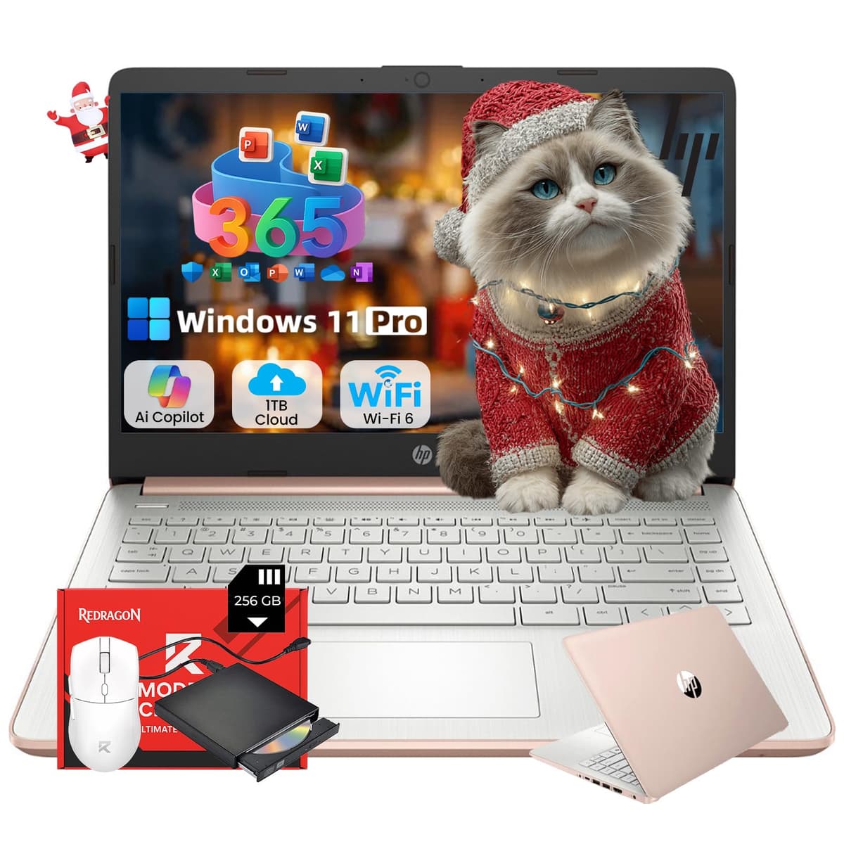 HP Laptop 14" 2025 para Negocios y Estudiantes Delgado, 1 Año Office 365, Copilot AI, CPU Intel Quad-Core, 16 GB RAM, 128 GB UFS + 128 GB Tarjeta SD, Wi-Fi 6, Windows 11 Pro, Accesorio JQ2Xz, Oro Rosa HP 2025 Flagship 14 Laptop