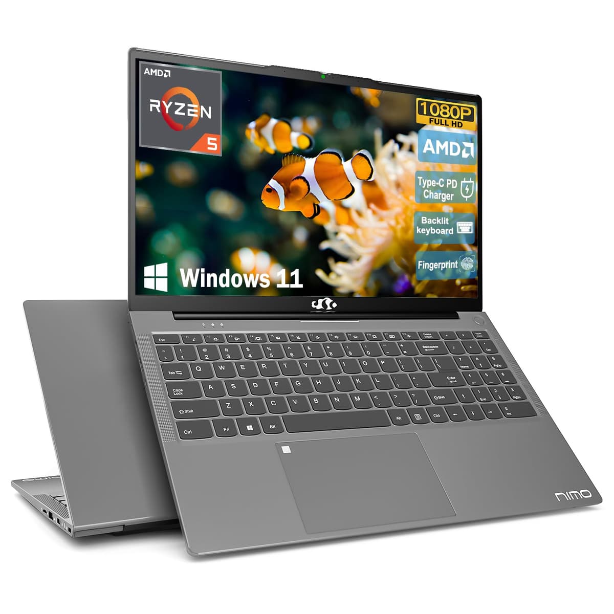 NIMO 15.6 Notebook Estudiantil, AMD Ryzen 5 (Mejor que i5-1135G7), 8GB RAM 256GB SSD, GPU Radeon Vega 8, Teclado Retroiluminado, Type-C PD 65W, Desbloqueo por Huella, USB 3.0, Cámara 2.0MP, Win 11 para Negocios, Estudio y Trabajo NIMO N152