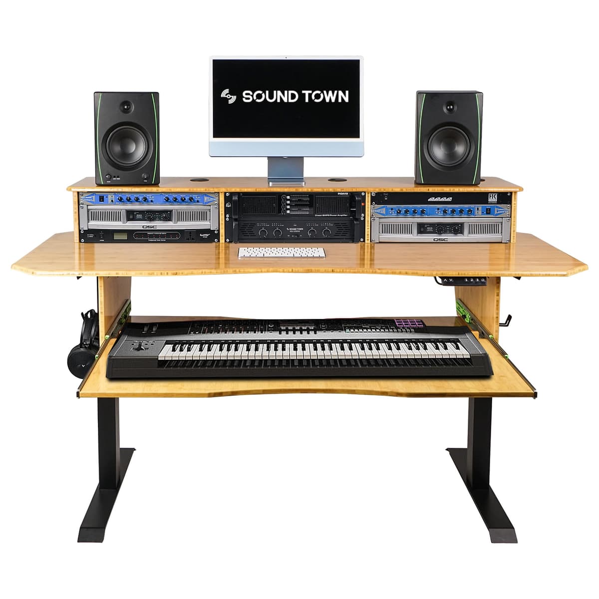 Sound Town SDRK-SD1CB Escritorio de Estudio Ajustable Eléctrico, Bamboo Carbonizado, 3x4U Racks, Bandeja Teclado Deslizante