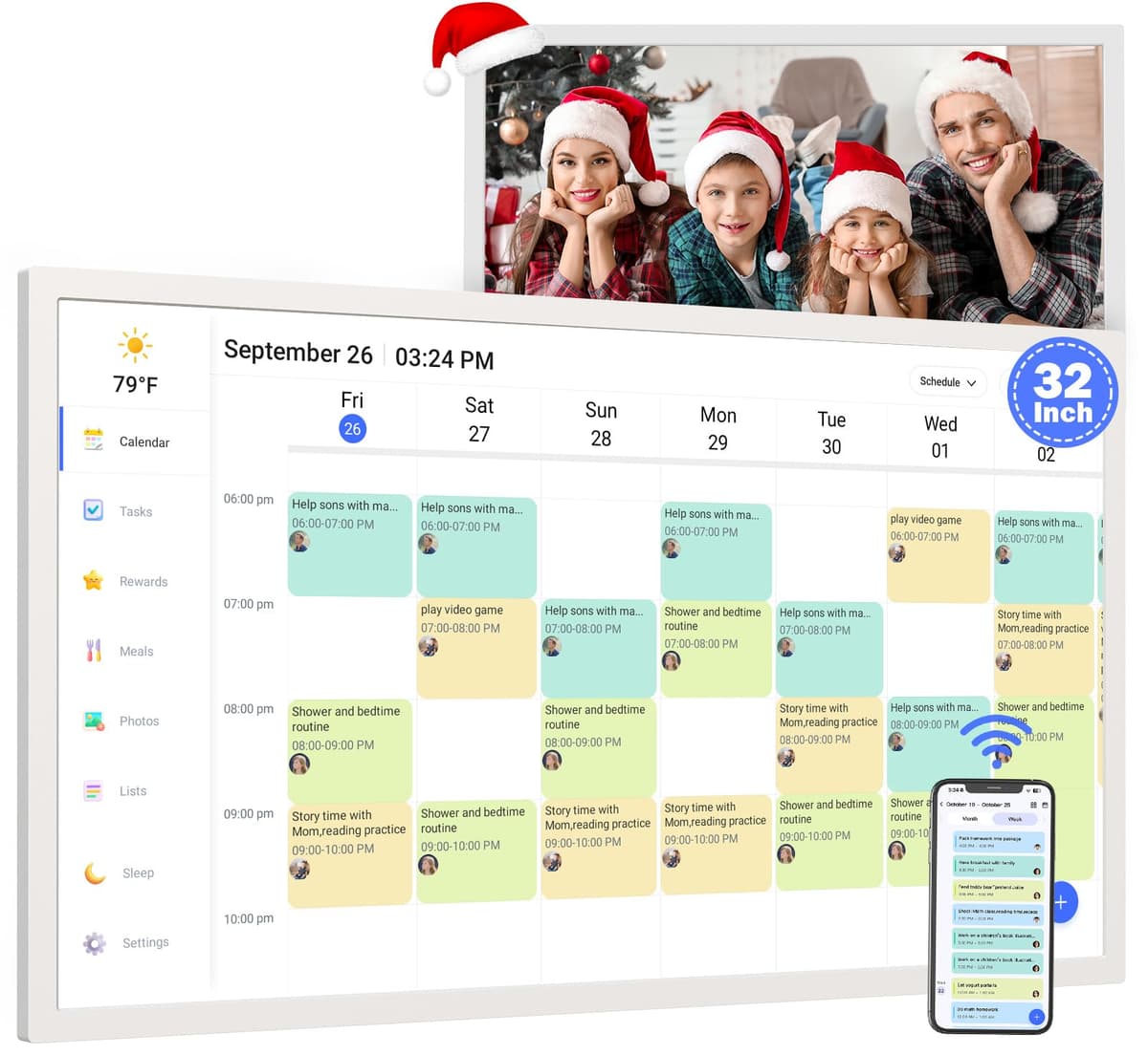 FULLJA Calendario digital inteligente y tablero de tareas para la familia - pantalla interactiva táctil inteligente de 32 pulgadas, Wi-Fi dual, sincronización automática con Google iCloud Outlook, recordatorios seleccionables, para montar en la pared