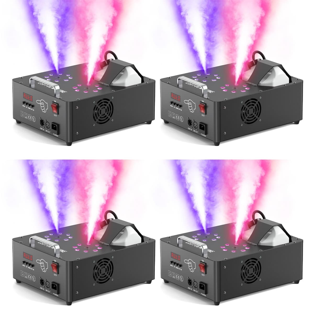 Queenfavor 2000W Fog Machine Dual Nozzle con 8+8 RGB LEDs, DMX/Wireless/Manual, 2.5L, LCD, 30000CFM, Pack 4 ZQ10136US