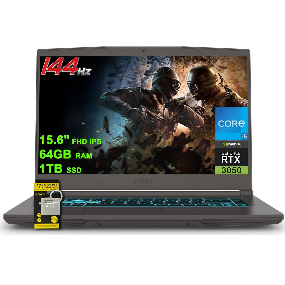 msi Thin 15 Gaming Laptop 15.6" FHD 144Hz i5-13420H 64GB RAM 1TB SSD RTX 3050 Backlit Type-C Win11