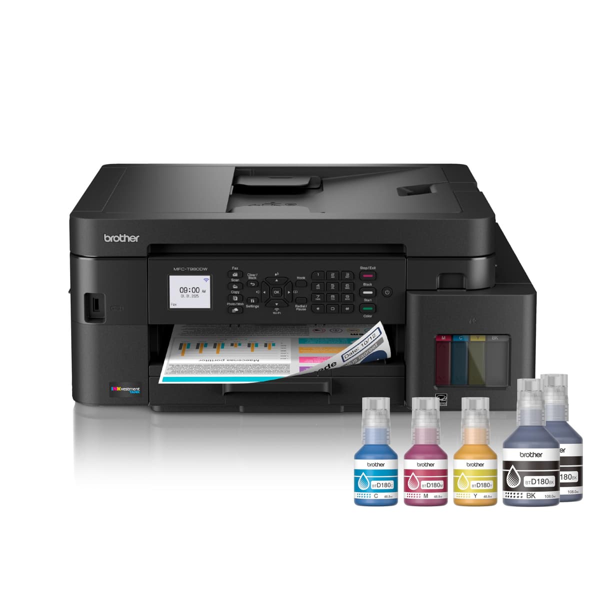 Brother INKvestment Tank 980 Impresora multifunción a color de inyección de tinta inalámbrica y con Ethernet con bandeja multipropósito | Incluye hasta 3 años de tinta en caja(1) y 3 años de garantía limitada(2) (MFC-T980DW)