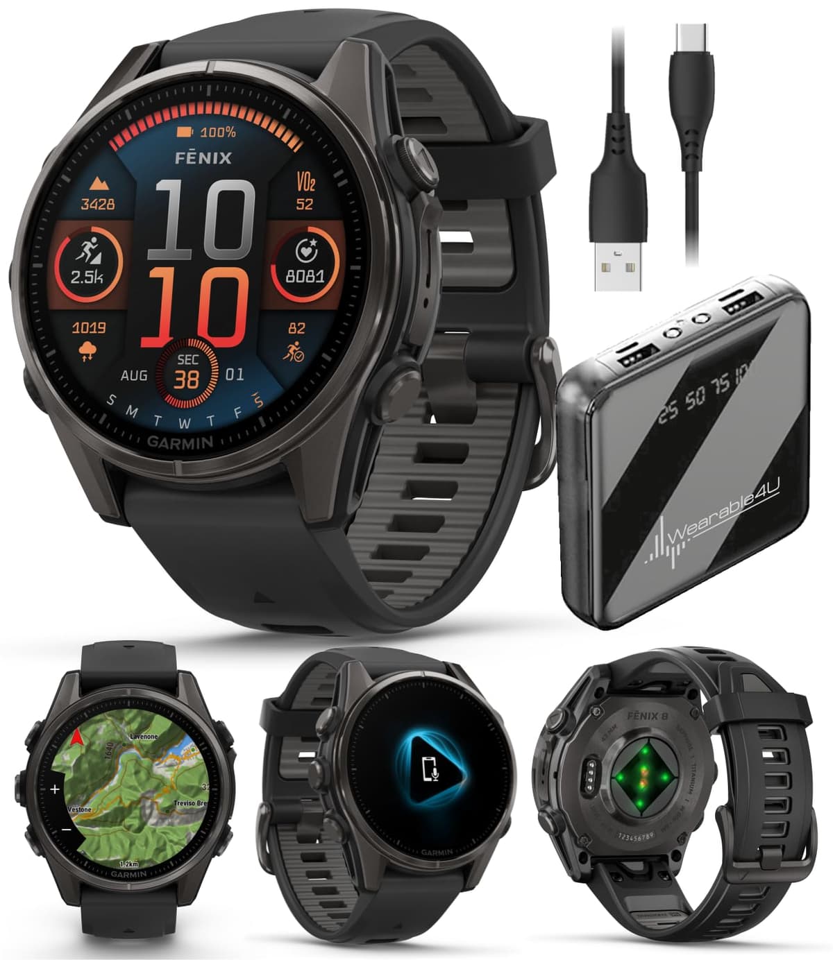 Wearable4U Garmin Fenix 8 43 mm Sapphire Carbon Gray DLC Titanium con correa Black/Pebble Gray y power bank 010-02903-20
