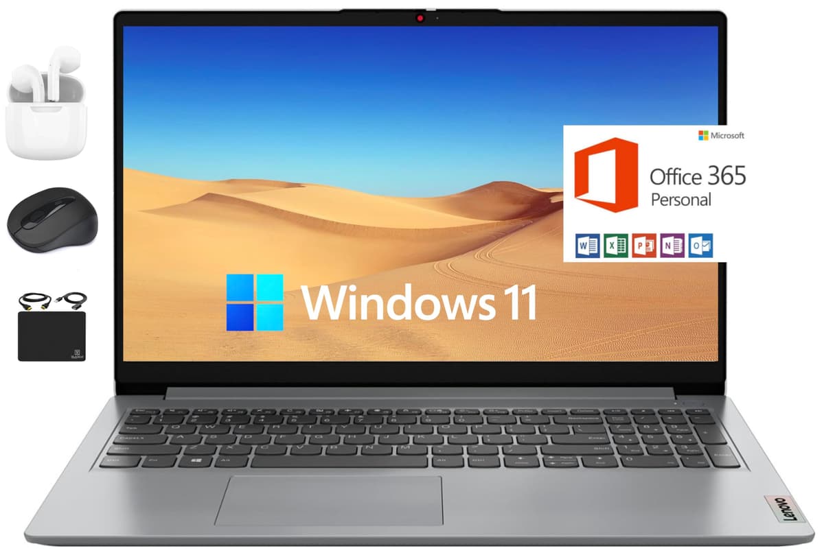 Laptop Lenovo IdeaPad Premium, pantalla HD de 15.6", procesador Intel Dual Core hasta 2.8 GHz, 8GB RAM, 256GB SSD + 128GB eMMC, 1 año Microsoft Office 365, Wi-Fi 6, webcam, Windows 11 + accesorio Hubxcel Lenovo IdeaPad 1i