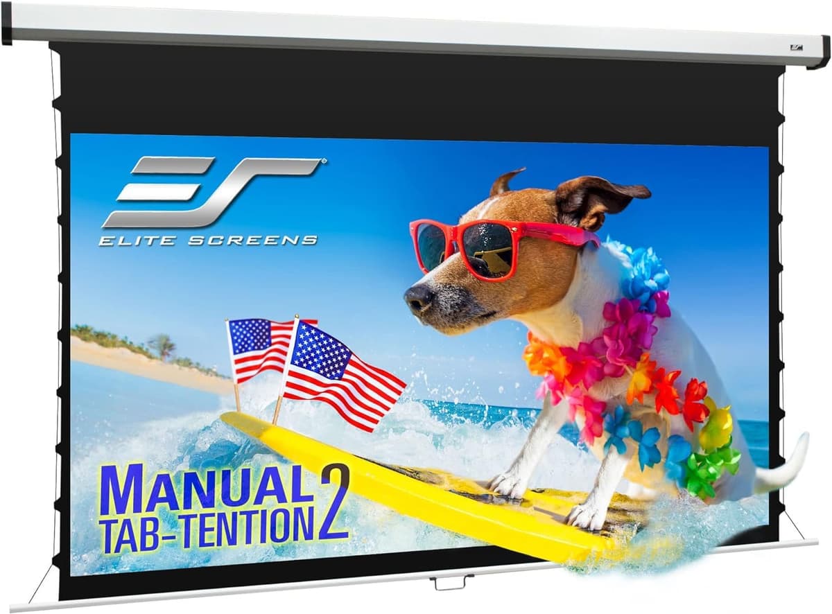 Elite Screens Manual Tab-Tension 2, pantalla de proyección desplegable de 106 pulgadas diagonales 16:9 con mecanismo de bloqueo automático | Montaje pared/techo | Listo para 4K/8K Ultra 3D HD, MT106XWH2