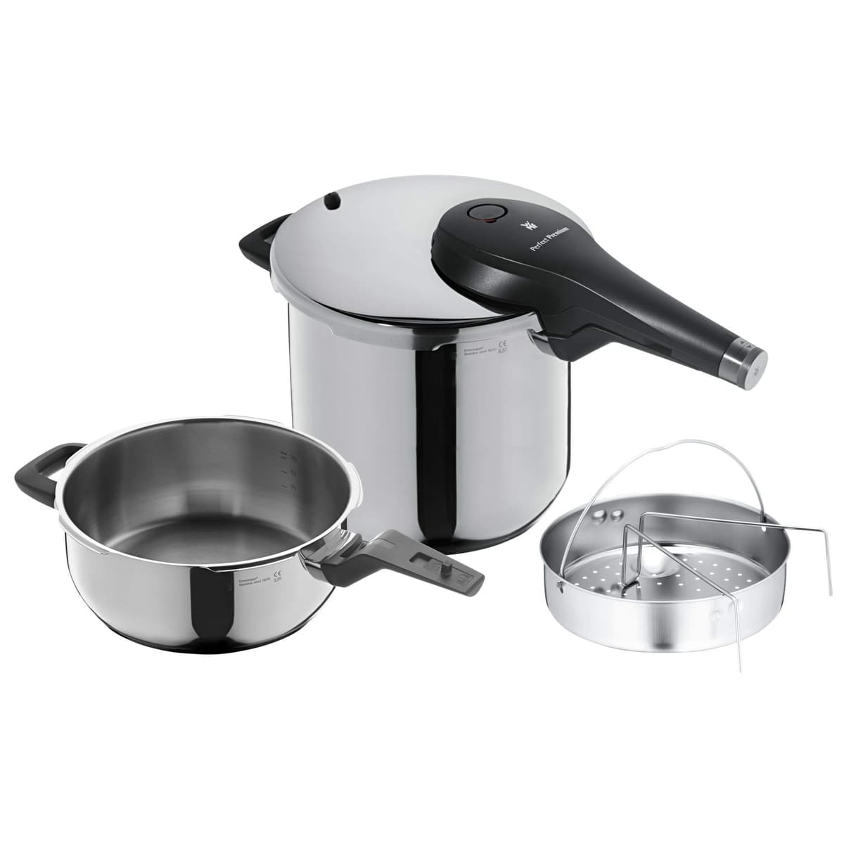 WMF Perfect Premium Olla a Presión 6,5 L Juego de 2 Niveles de Cocción Regulador de Presión de Una Sola Mano Pulida & 3,0 L con Inserto Set Cromargan Acero Inoxidable, Apta para Lavavajillas, Diámetro 22 cm Apta para Inducción, Acero Inoxidable, Plateada, 2 Unidades 795466040