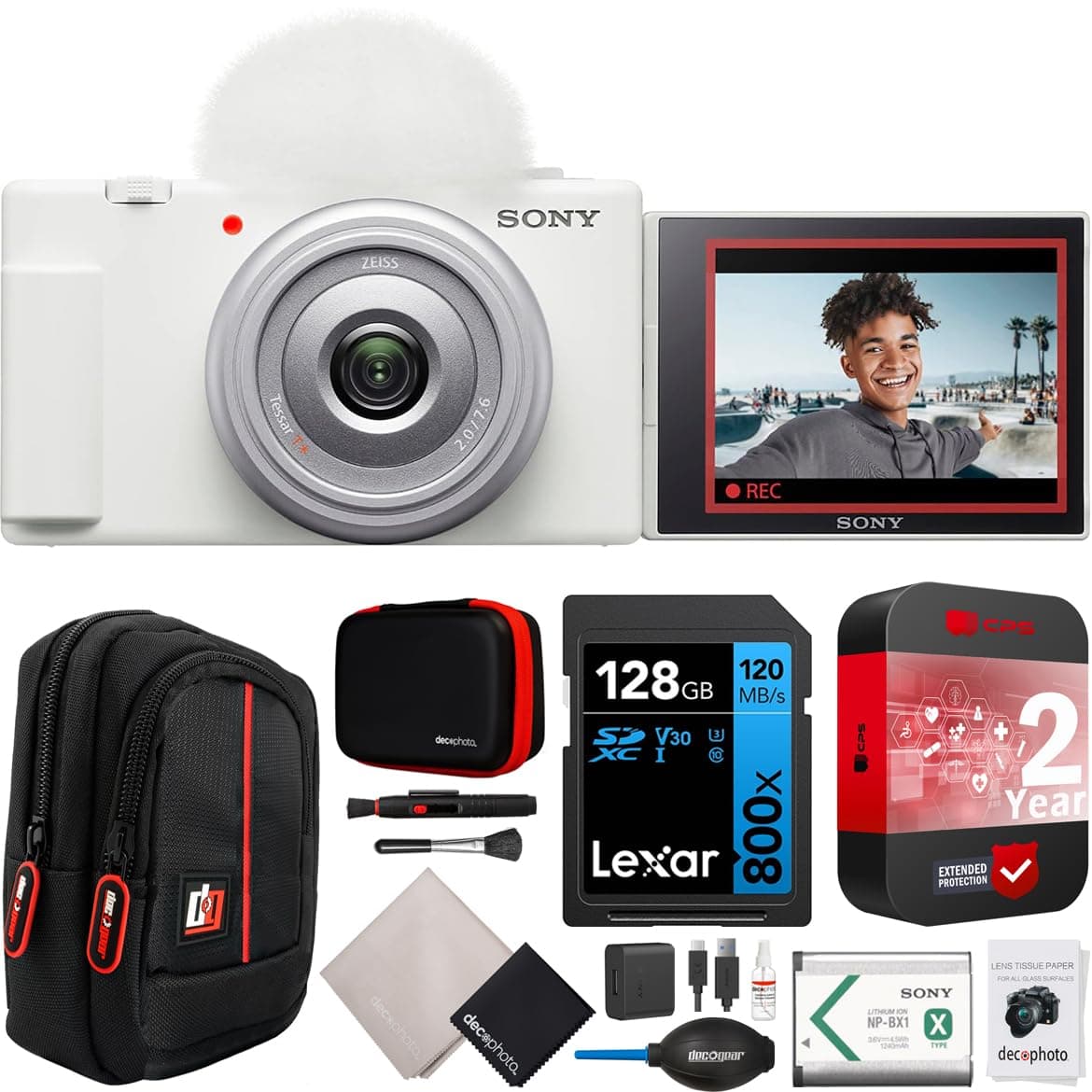 Sony ZV-1F/W Cámara Vlog | Modelo Socio Oficial Sony USA | Video 4K 20.1MP para Creadores de Contenido y Vloggers Paquete con Protección Extendida CPS 2 Años + Funda Deco Gear + Tarjeta de Memoria 128GB y Más E19SNZV1FW