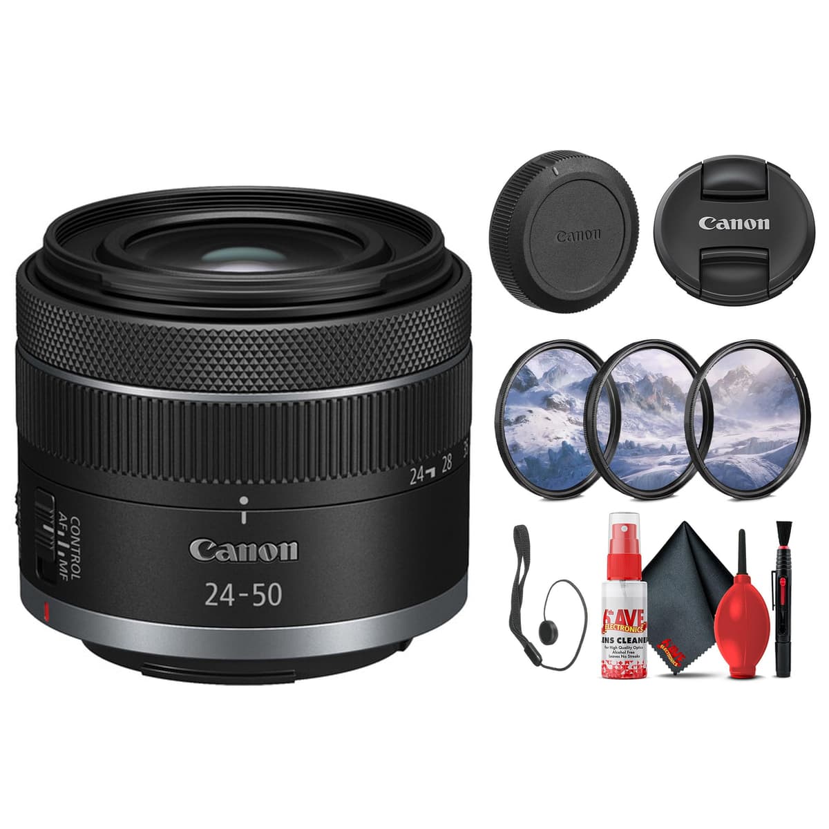 Canon RF 24-50 mm f/4.5-6.3 lente STM (Canon RF) con Estabilización Óptica de Imagen, para Vlogging o Fotos (5823C002) + Kit de Filtros + Sujetador de Tapa + Kit de Limpieza (Reacondicionado) 5823C002_EDIRE_1