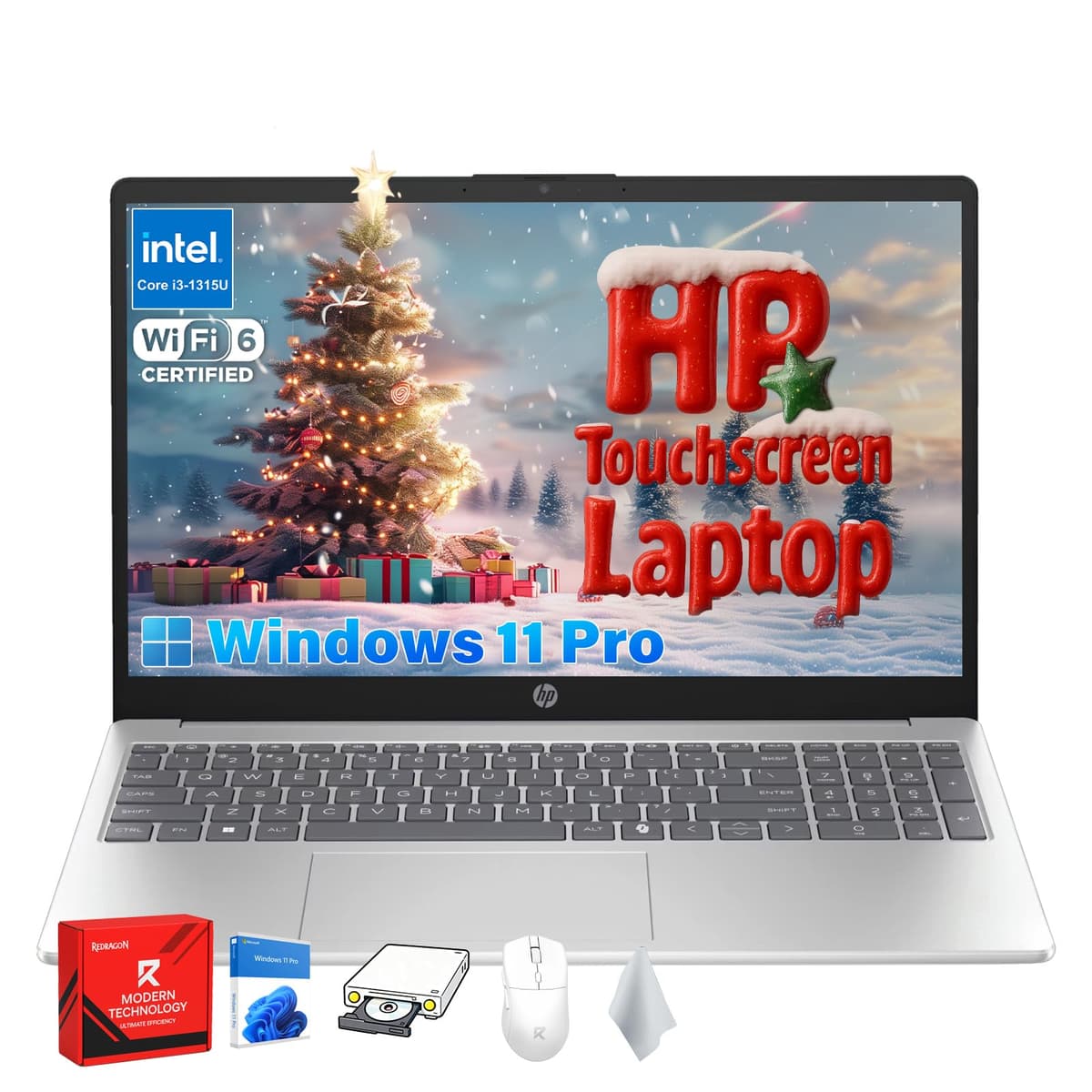 Portátil insignia con pantalla táctil HP - 15.6" antirreflejo táctil, Intel Core i3-1315U, AI Copilot, Wi-Fi 6, carga rápida, para empresa y estudiantes, Windows 11 Pro, 32 GB RAM, 1 TB SSD, kit de accesorios Redragon HP 15.6 laptop