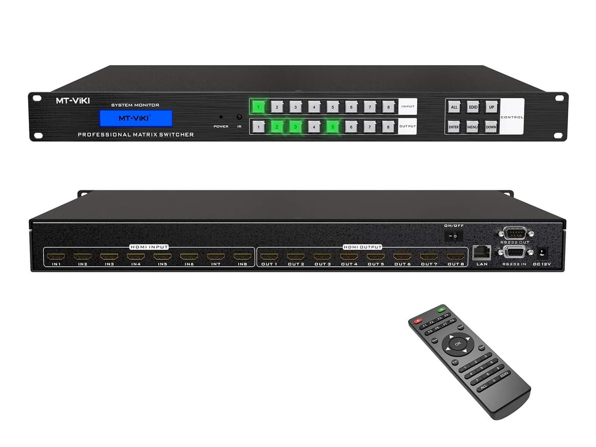 MT-VIKI Matriz HDMI 4K 8x8, Switch y Splitter 4K@30Hz para Rack con RS232 Retroiluminado, Puerto LAN y EDID, Soporte Web GUI, Chip ADI Integrado (8 entradas 8 salidas) VV-HD0808