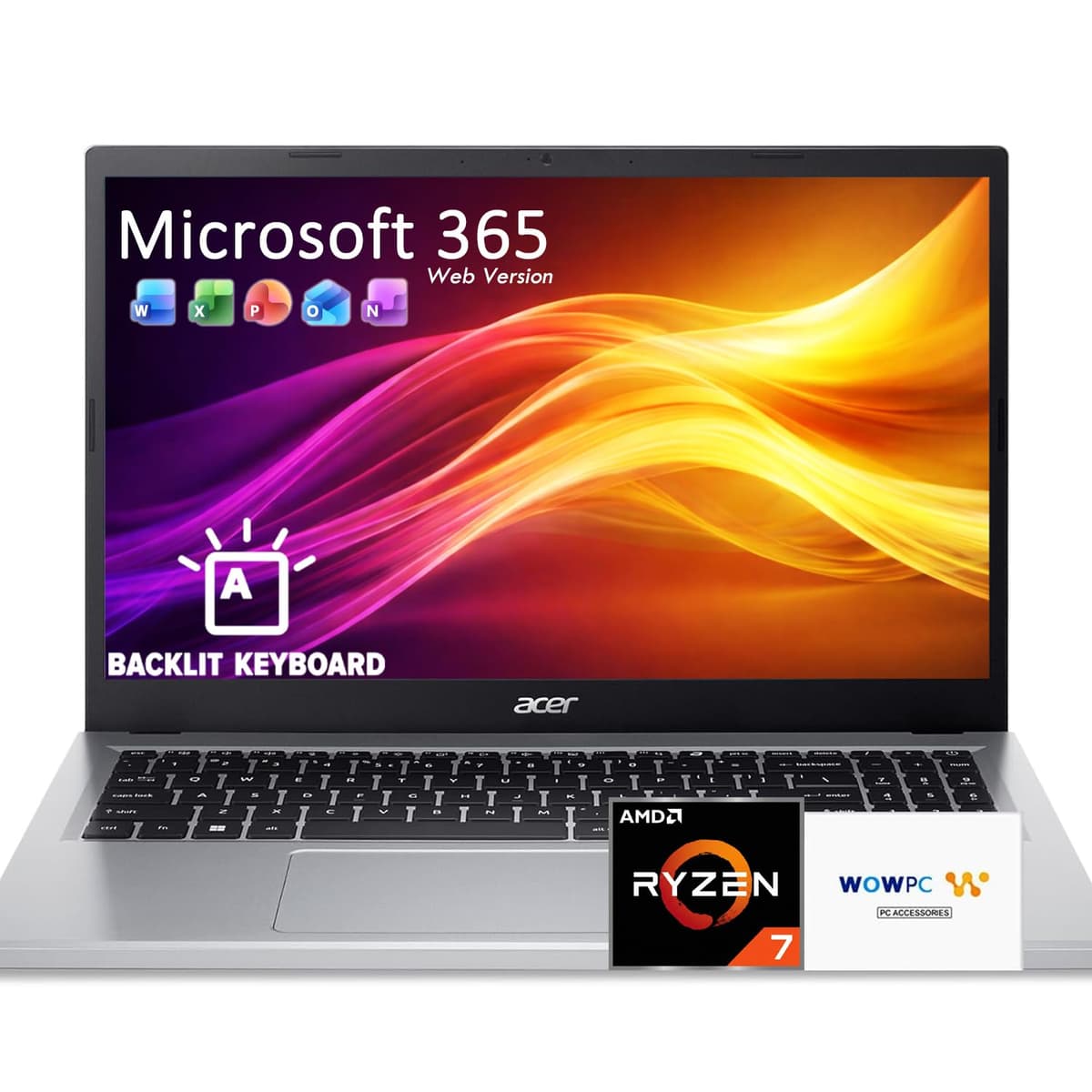 Acer Aspire 3 15.6" FHD Laptop con Teclas Retroiluminadas y MS Office para la Web, AMD Ryzen 7 7730U (Rinde como i7-1365U), 64 GB RAM, 1.5 TB de Almacenamiento (1 TB SSD + 500 GB Disco Portable), Windows 11, WOWPC 3 en 1, Sin Mouse