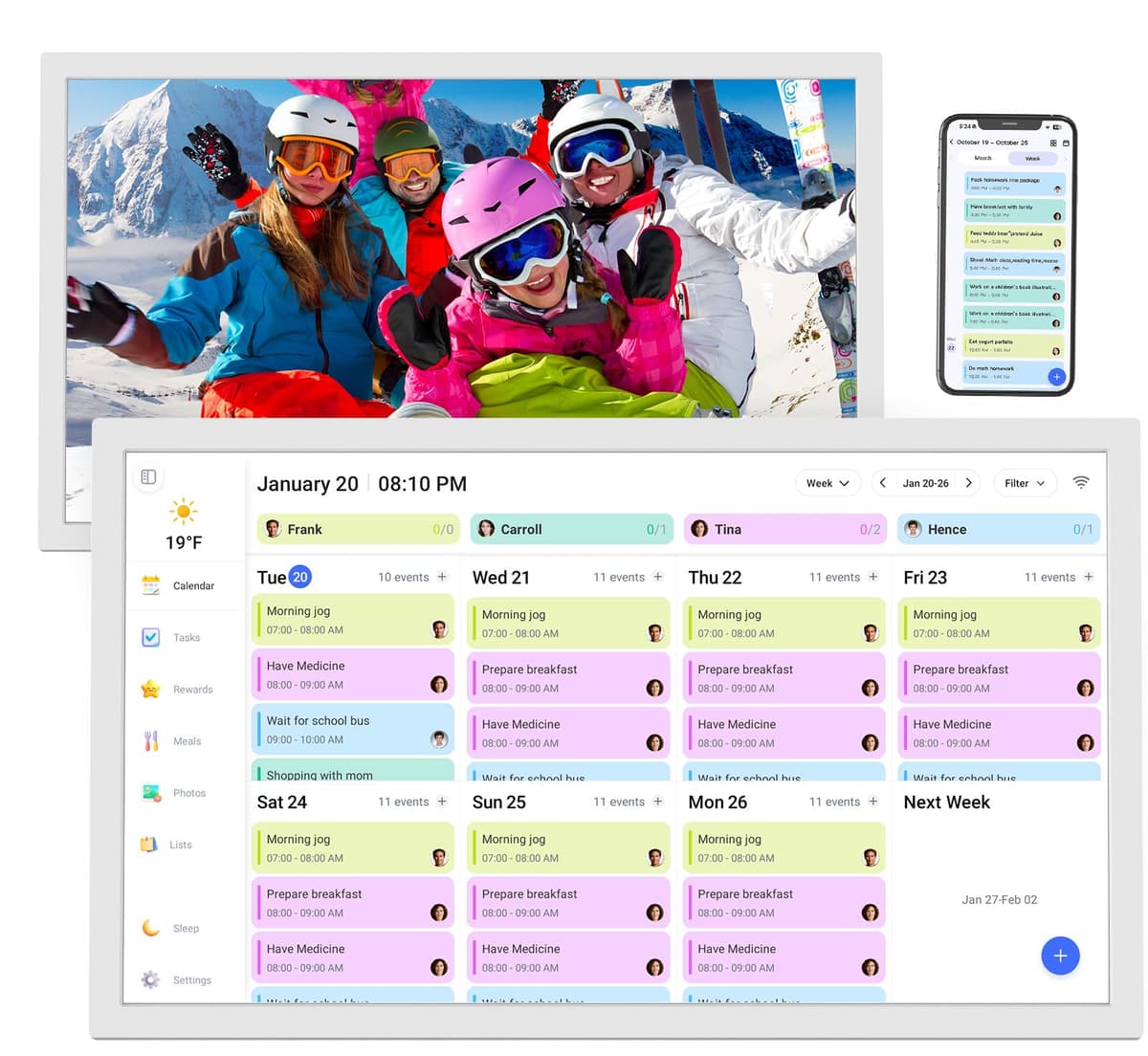 FULLJA Calendario digital de 27" con marco para fotos y pantalla táctil - calendario electrónico inteligente para pared: horarios de comidas familiares, sincroniza calendarios en línea, tablas de tareas, recompensas con estrellas, montaje en pared, regalo para mamá y papá