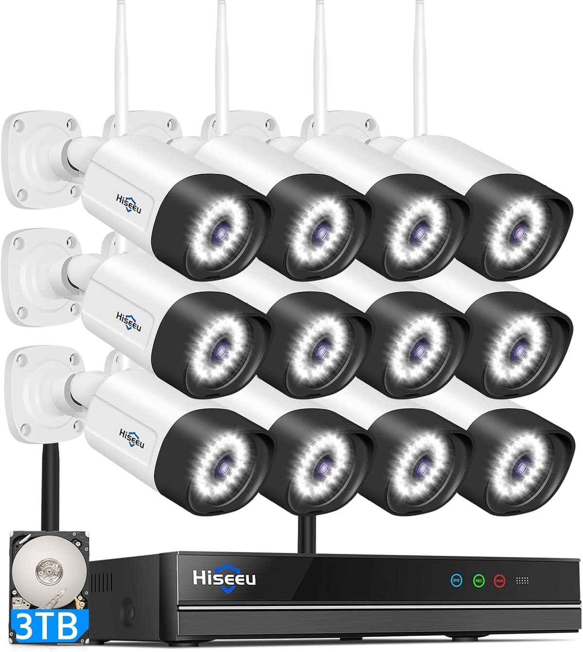 Sistema de Cámaras de Seguridad Inalámbrico Hiseeu 3MP con 12 Cámaras Exteriores, NVR WiFi 16CH, Visión Nocturna a Color, Foco y Sirena, Audio Bidireccional, Disco Duro de 3TB, Grabación 24/7, Kit de Vigilancia para el Hogar WK-12HB315-3T