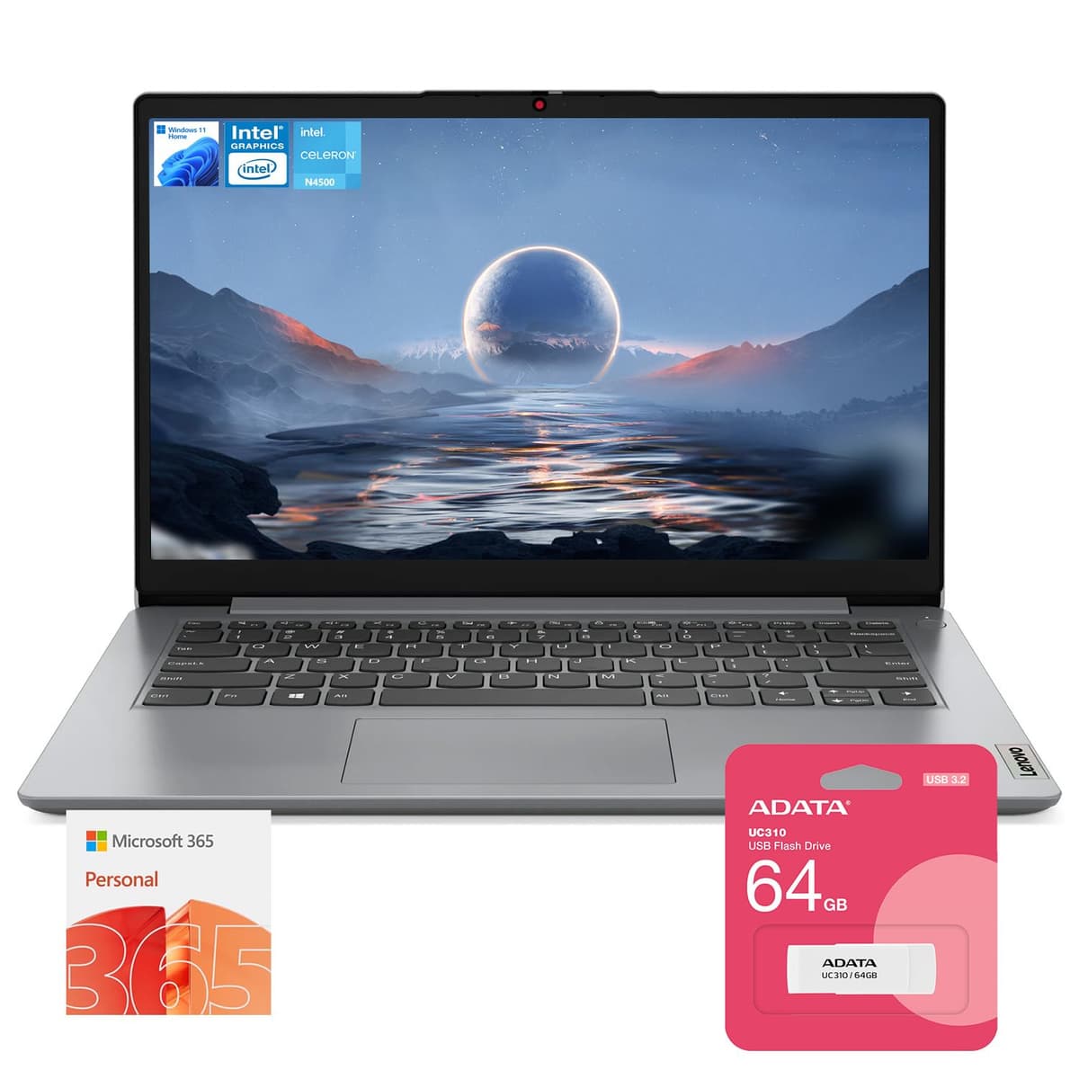 Lenovo IdeaPad 1 Daily/Student 14" HD Laptop, 36GB RAM, 1216GB Almacenamiento (128GB eMMC + 1TB PCIe + 64GB USB), 1 año Office 365, Procesador Intel, Windows 11 Home, Paquete con unidad flash USB UC310 de 64GB IdeaPad 14sIML