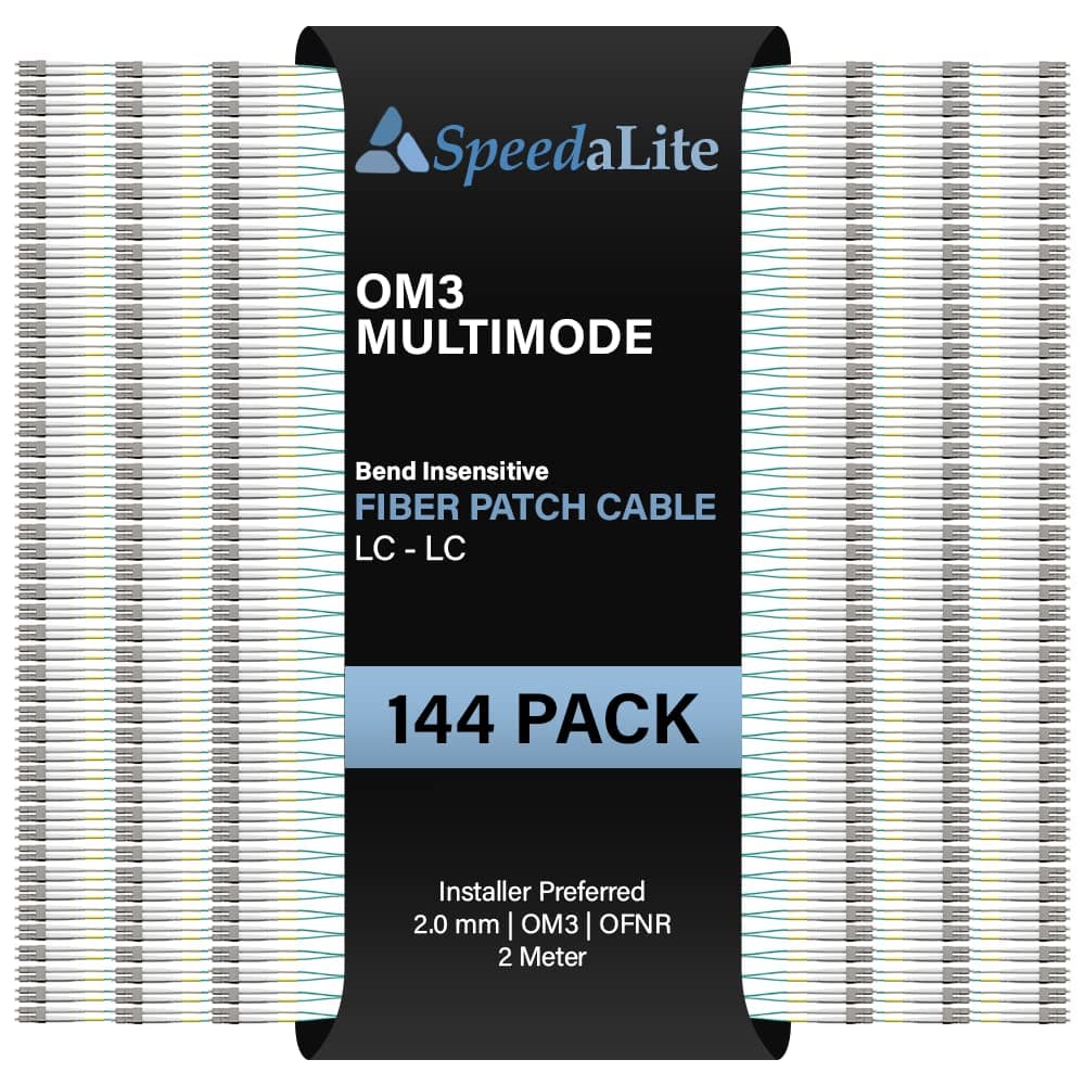 SpeedaLite Cable Patch de Fibra Óptica Dúplex Multimodo OM3 de 2 Metros - Paquete de 144, Conector LC-LC, 10Gig Clasificación OFNR, Vidrio Corning de Alta Velocidad para Red, Centro de Datos, LAN, FTTH, Telecomunicaciones FJ5GLCLC-02M-144PK