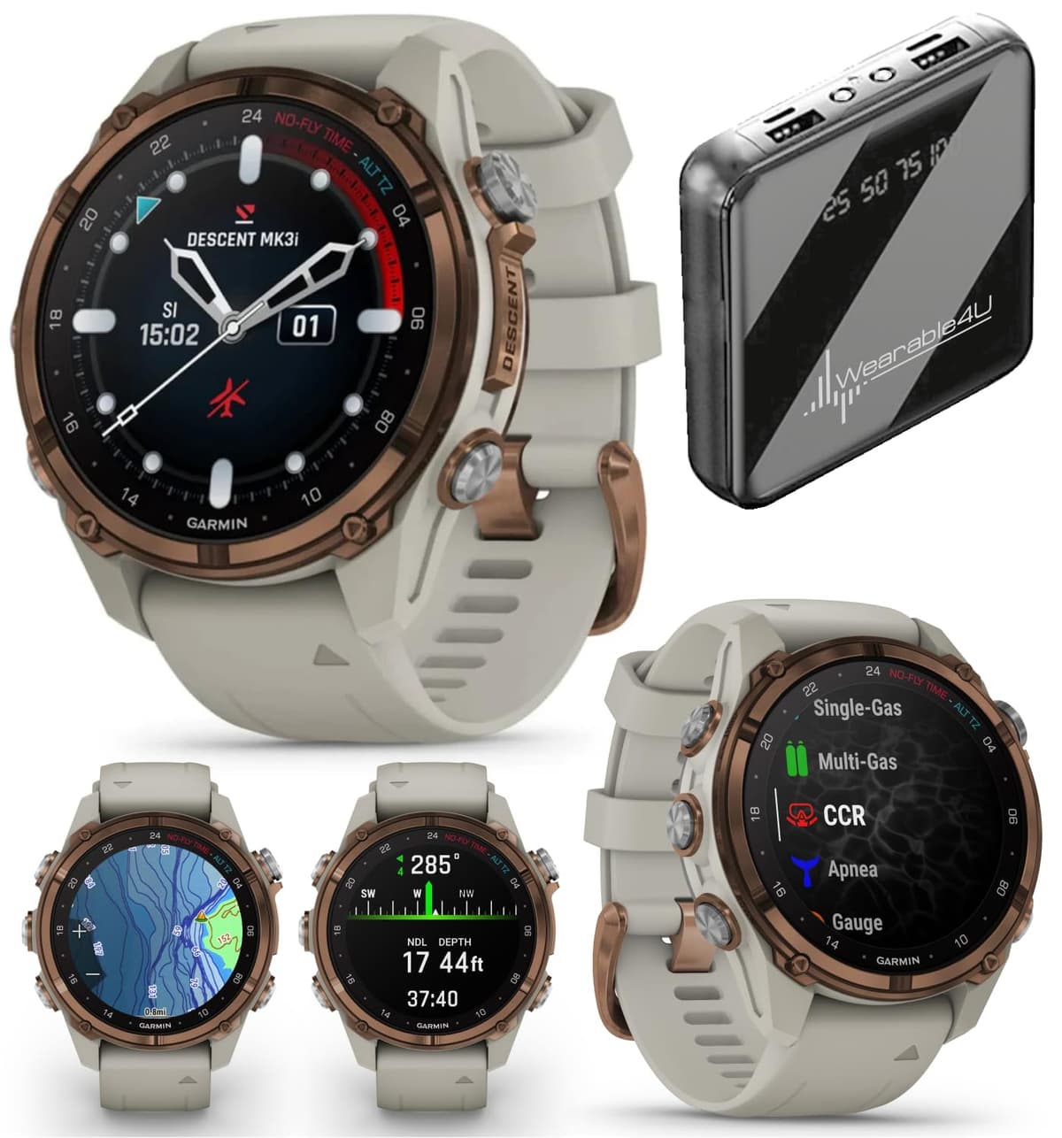 Wearable4U Garmin Descent Mk3i 43 mm Titanium Dive Computer Bundle (010-02753-13) Descent Mk3 or Descent Mk3i