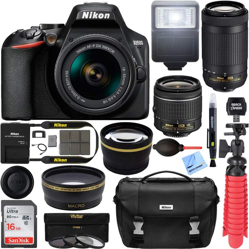 Nikon D3500 24.2MP DSLR con AF-P 18-55mm VR y 70-300mm Dual Zoom Kit (Renewed) + Accesorios CRTE9NKD3500X2RB