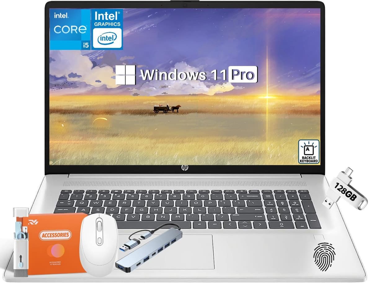 HP 2025 Laptop empresarial de 17.3", Intel Core i5-1334U de 13.ª generación (hasta 4.6 GHz), 32 GB RAM, SSD de 1 TB, pantalla HD+ 250 nits, gráficos Intel, teclado retroiluminado, lector de huellas, Wi-Fi 6, Windows 11 Pro, con accesorios HP Laptop 17 inch+