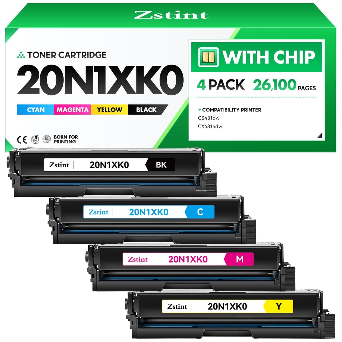 Zstint Set de 4 tóner compatible Lexmark 20N1XK0/20N1XC0/20N1XM0/20N1XY0 con chip alta capacidad ZS-US-LM-20N1XK0-1B3C