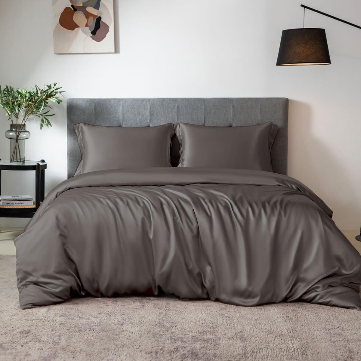 Juego de cama 100% seda THXSILK, Full, Charcoal (cubrecama, ajustable, 2 fundas) UJ-RE27-D7QL