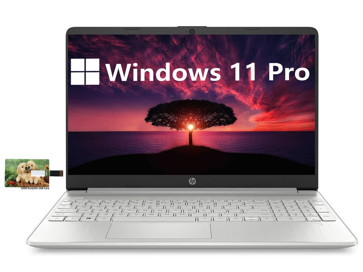 HP Laptop empresarial 15.6" con pantalla HD, Intel Core i5-1135G7 de 11.ª generación, Windows 11 Pro, 256GB SSD, 12GB RAM, batería de larga duración, Wi-Fi 5, Bluetooth, tarjeta USB Durlyfish de 32GB HP 15