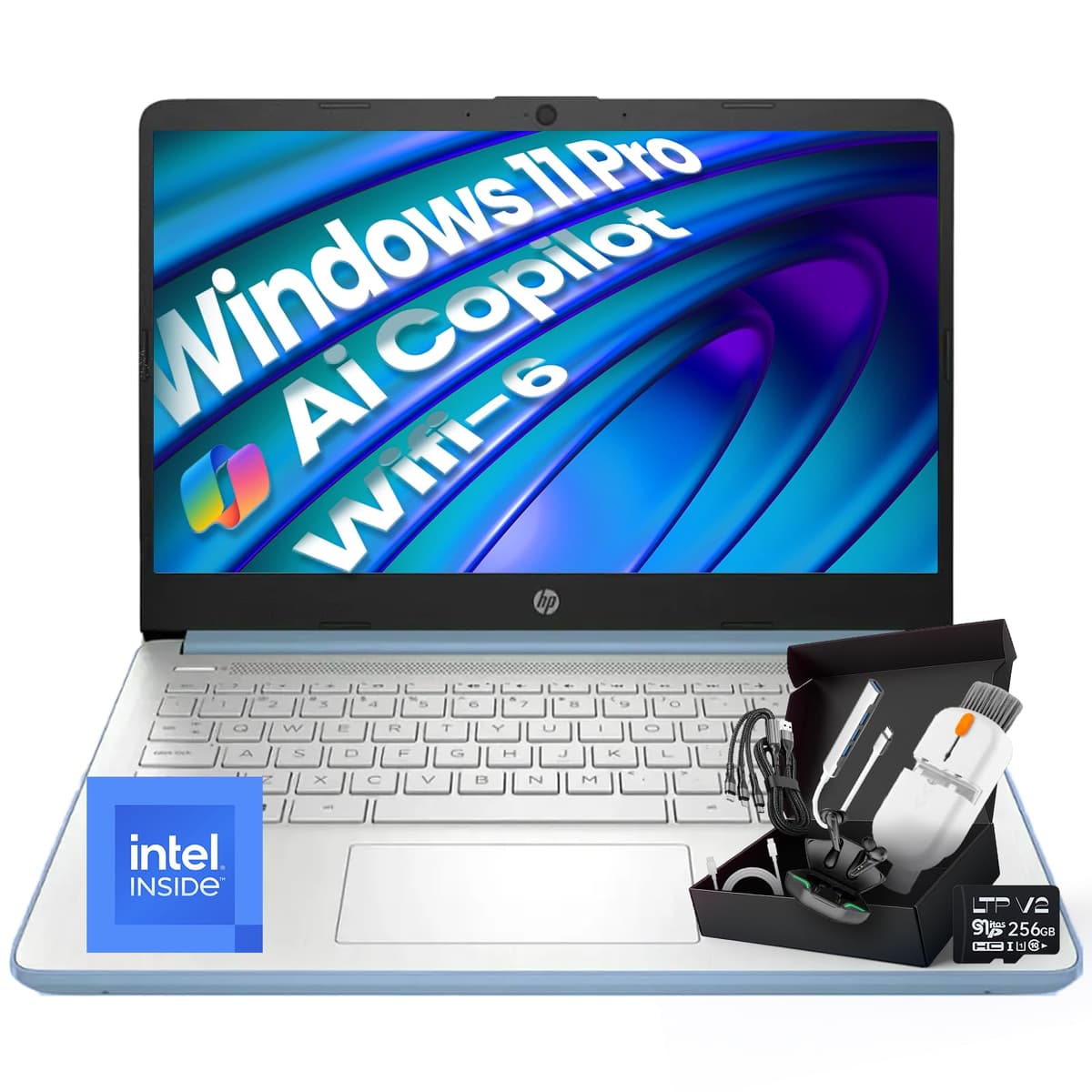 HP 2025 Laptop Ultraligero de 14 pulgadas, Elegante Azul Cielo, Procesador Intel N150, 16 GB RAM, 384 GB Almacenamiento (128 GB UFS + 256 GB MSD), Wi-Fi 6, Windows 11 Pro, Tecla Copilot, con Accesorios HP 14 Laptop