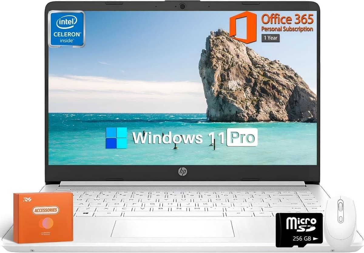 HP Laptop 14 pulgadas para Estudiante y Negocios, Intel Celeron, 16 GB RAM, 320 GB Almacenamiento (64 GB eMMC + 256 GB SSD), 1 Año Office 365, Intel UHD Graphics, Portátil y Ligero, Windows 11 Pro, Con Mouse HP 14 laptop