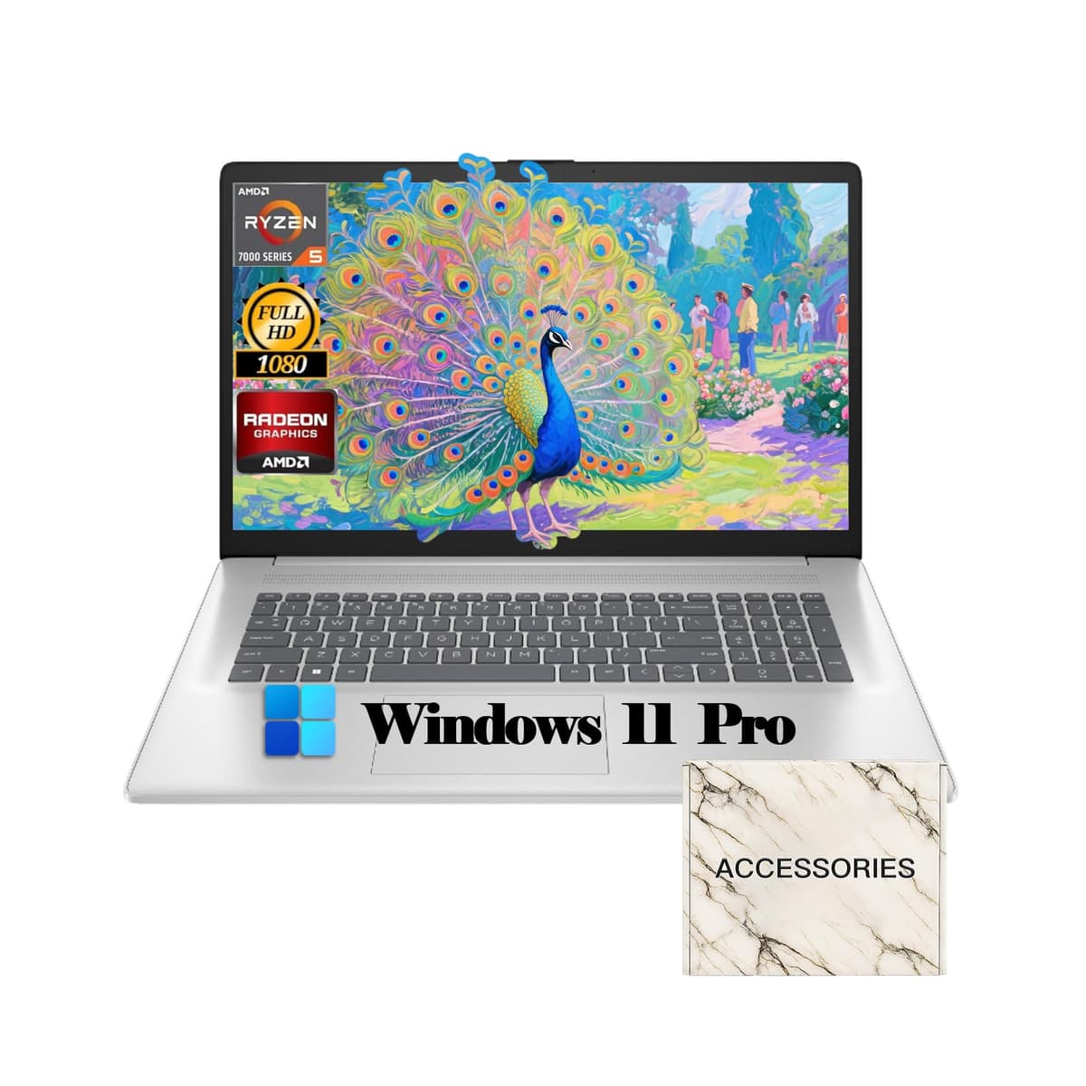 HP 17.3" Laptop FHD para Estudiantes y Empresa, Windows 11 Pro, AMD Ryzen 5 7430U, Pantalla 1920 x 1080, 32 GB de RAM, SSD 2 TB, Webcam, Wi-Fi, Bluetooth, con Accesorios HP Laptop