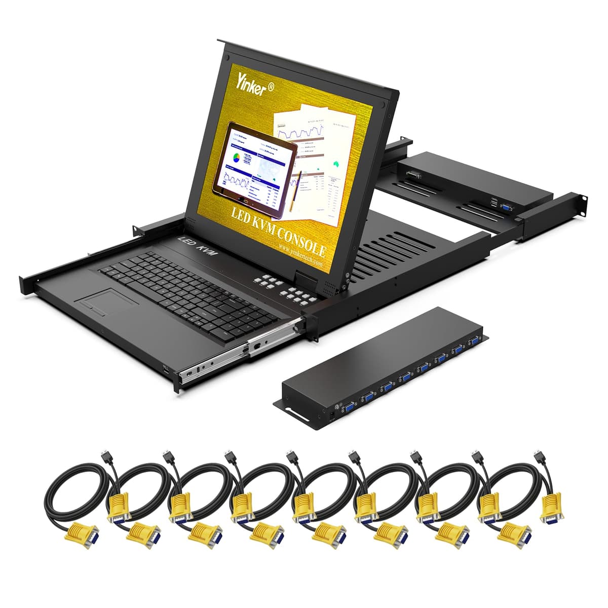Consola KVM Rackmount 17" Yinker 8 Puertos VGA 1U con Teclado, Monitor y Touchpad 1708UL