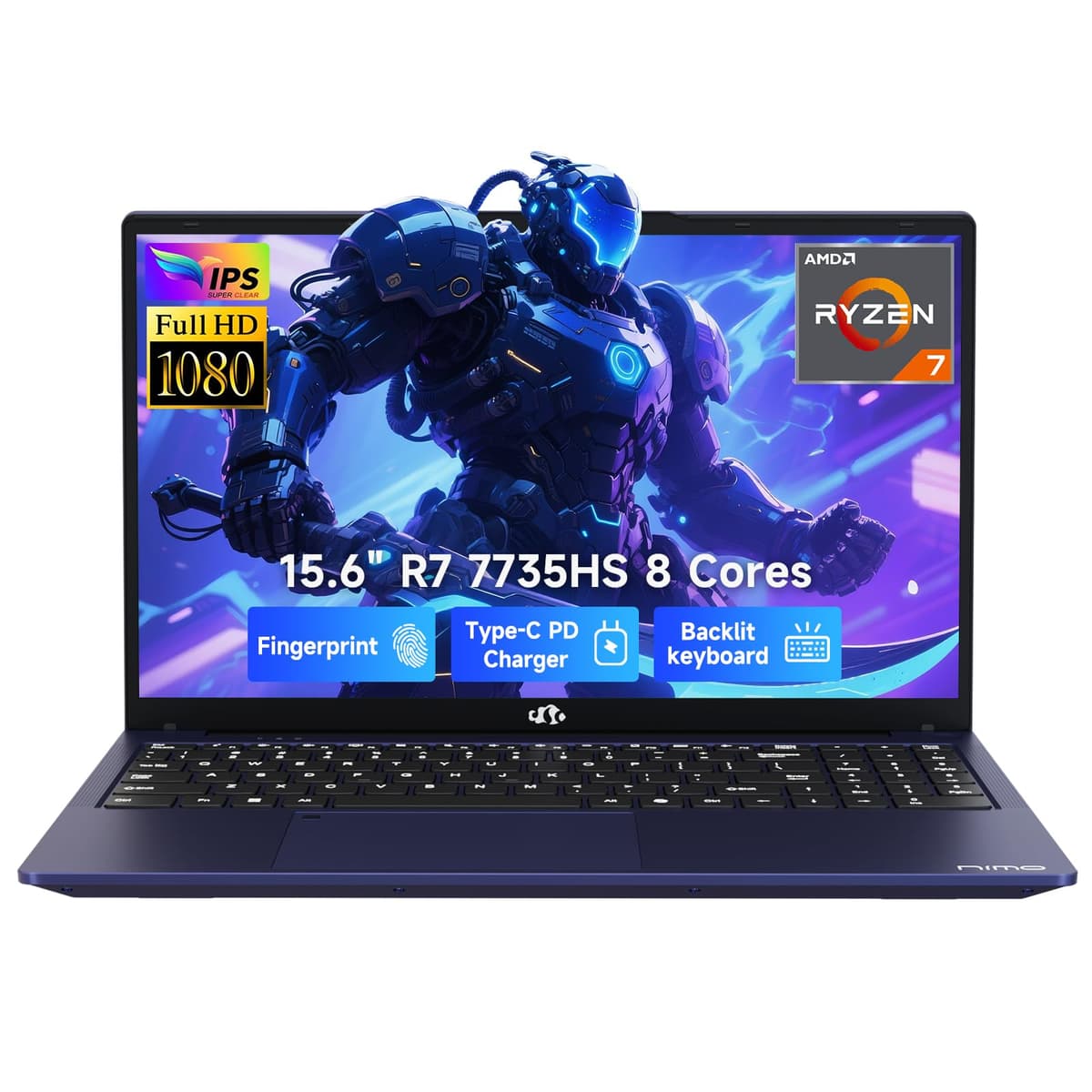 NIMO 2025 Laptop Liviano para Gaming, 15.6" AMD 8 Núcleos Ryzen 7 7735HS (hasta 4.75 GHz, supera al i7-12650H) 32GB DDR5 RAM 1TB SSD IPS FHD con Radeon 680M 100W Type-C Teclado Retroiluminado y Lector de Huellas ARN21S