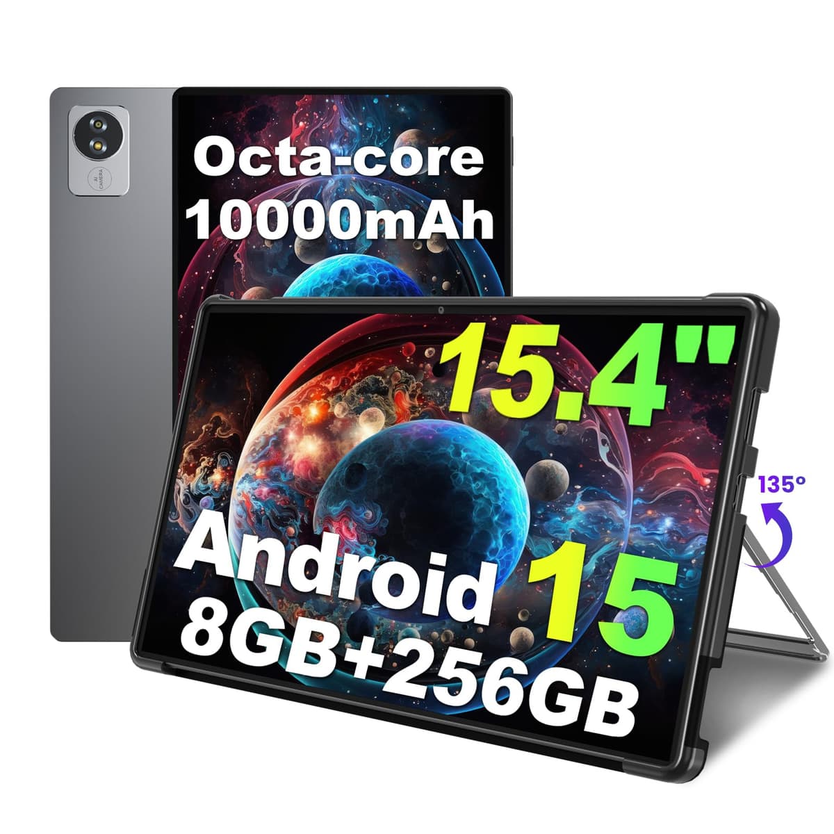 jumper tableta de 15.4 pulgadas, Android 15 con procesador Helio G99 octa-core (mejor que Unisoc T618), 8GB RAM 256GB ROM, tableta con soporte y funda, 10000mAh, BT5.2, 4 parlantes, WiFi 2.4G/5G Z3