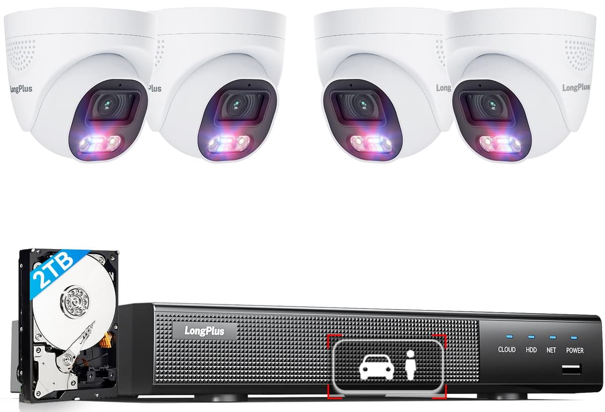 LongPlus Smart 4K Sistema de Cámaras de Seguridad para el Hogar 8CH, 4 Cámaras PoE Cableadas IP para Exteriores con Detección de Personas/Vehículos, NVR 8CH 12MP con HDD de 2TB para Grabación 24/7, LP8ME84D1 LP8MEF8