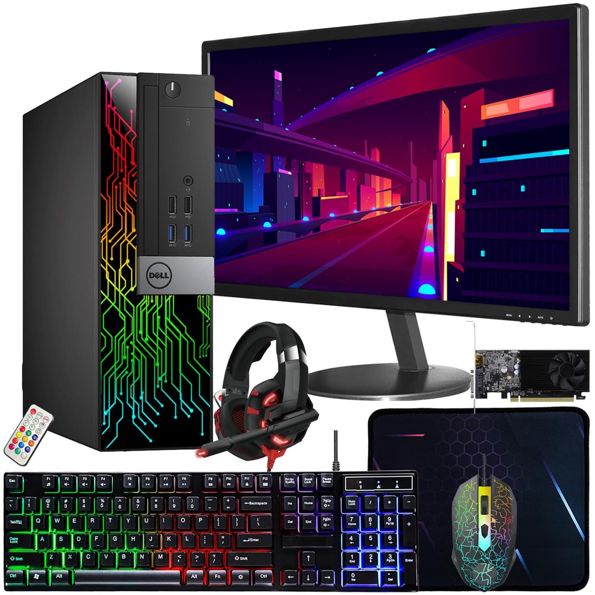 Dell OptiPlex 5060 SFF RGB Computadora PC, Intel Core i5-8500, RX 550 4GB GDDR5, 32GB RAM, 512GB NVMe, 1TB HDD, Monitor HDMI 22 Pulgadas, Auriculares Gamer, WiFi, Bluetooth, Windows 11 Pro (Reacondicionado)