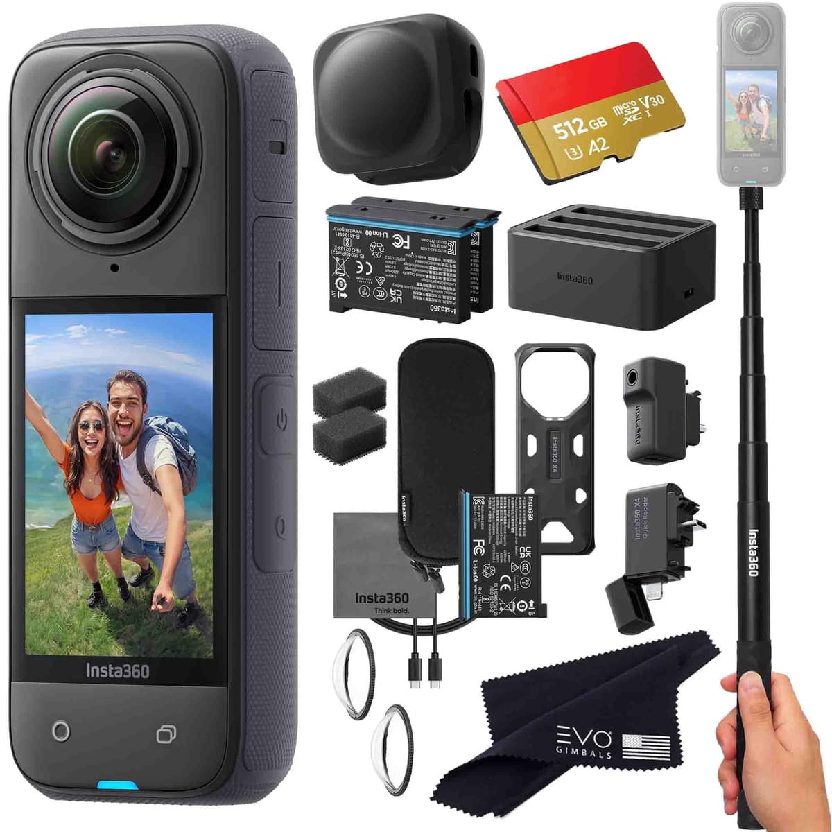 Insta360 X4 Pro Bundle (512GB) con Selfie Stick, 2 baterías extra y accesorios X4_SELFIE_2BATT_Charger_QR_Mic